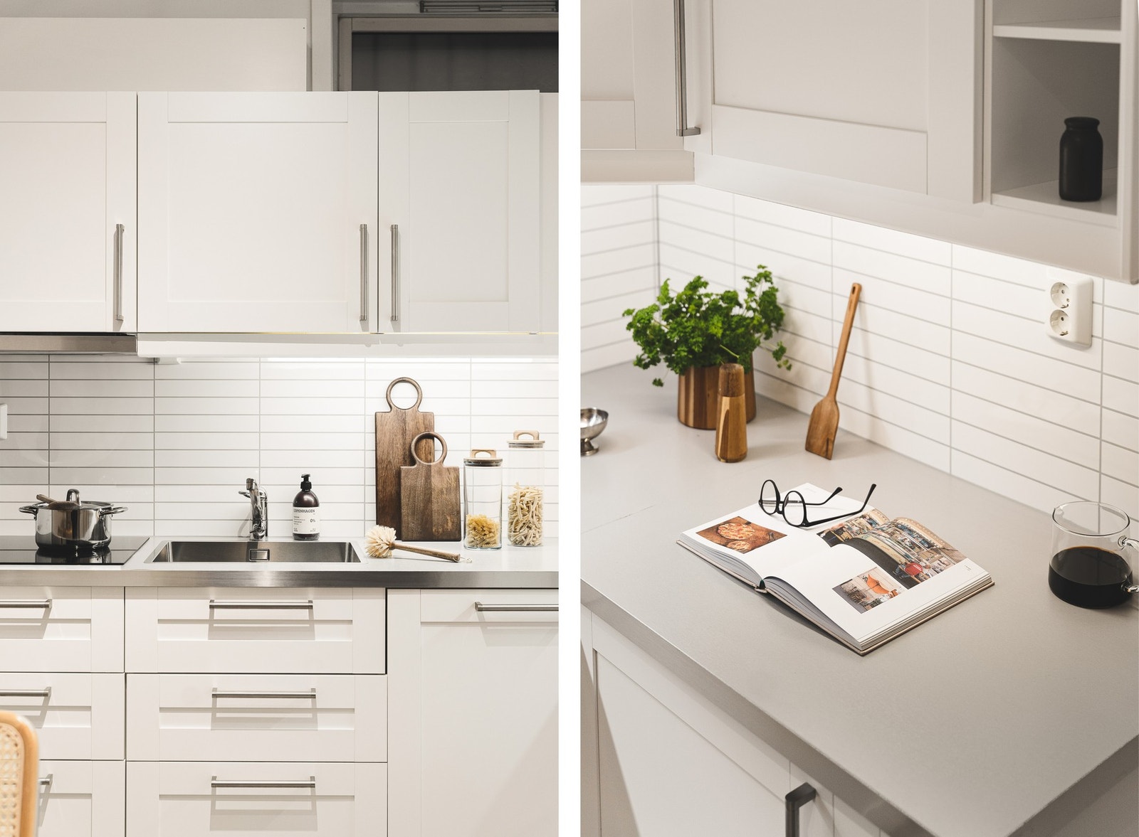 Kjøkkenet har stålvask og praktiske, lettstelte plater mellom over- og underskap. Galleribilde