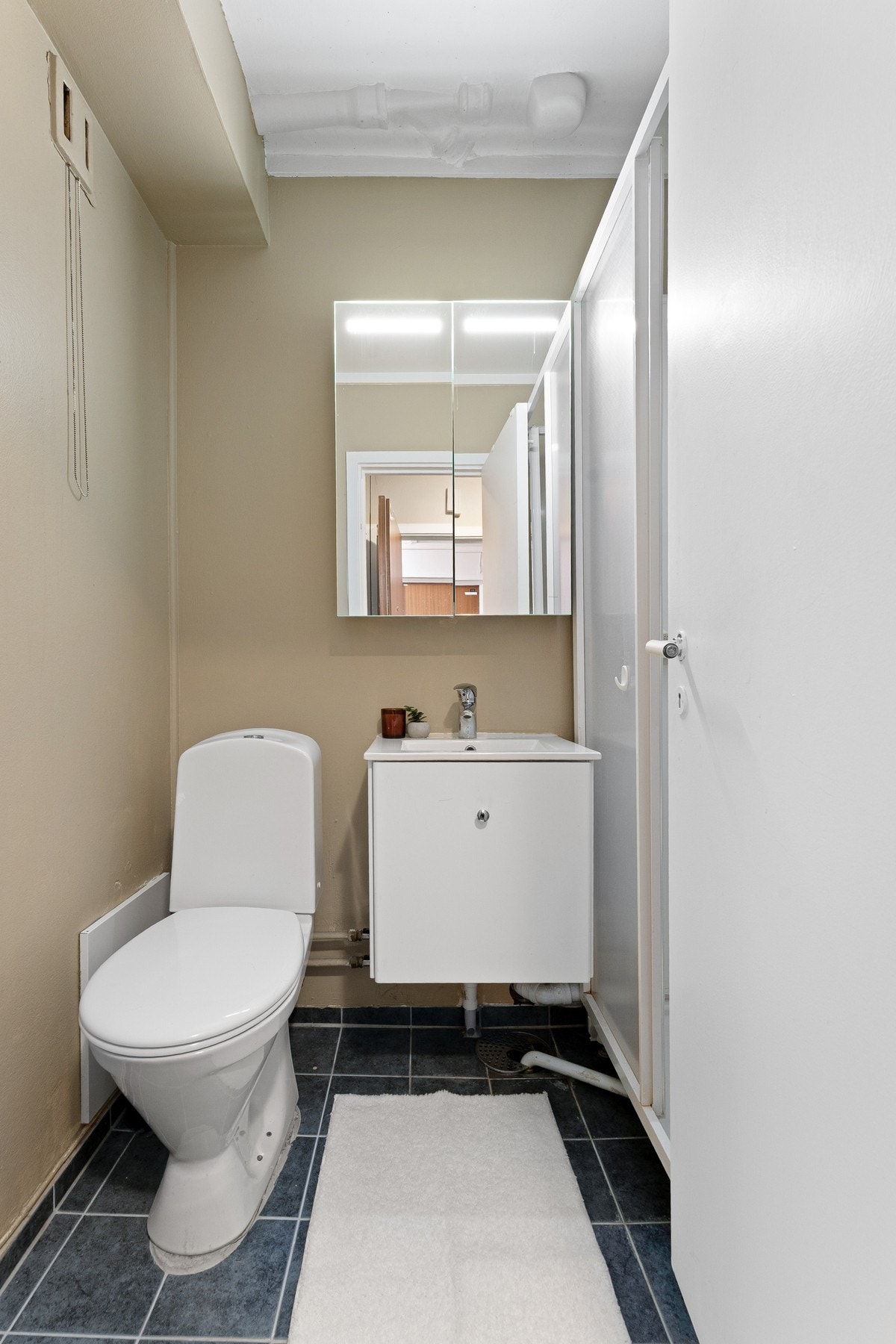 Det er servantinnredning med slett front, heldekkende servant, speilskap over servant med integrerte lys, dusjkabinett med dusjarmatur tilkoblet hånddusj, samt gulvstående toalett. Galleribilde