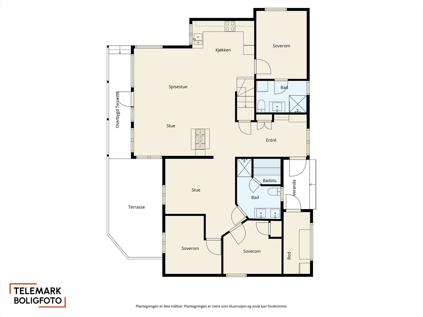 Plantegning for 1.etg. Gjennomtenkt planløsning med egen tv-stue, godt med oppbevaringsplass og en romslig og sosial stue med åpen kjøkkenløsning. Galleribilde
