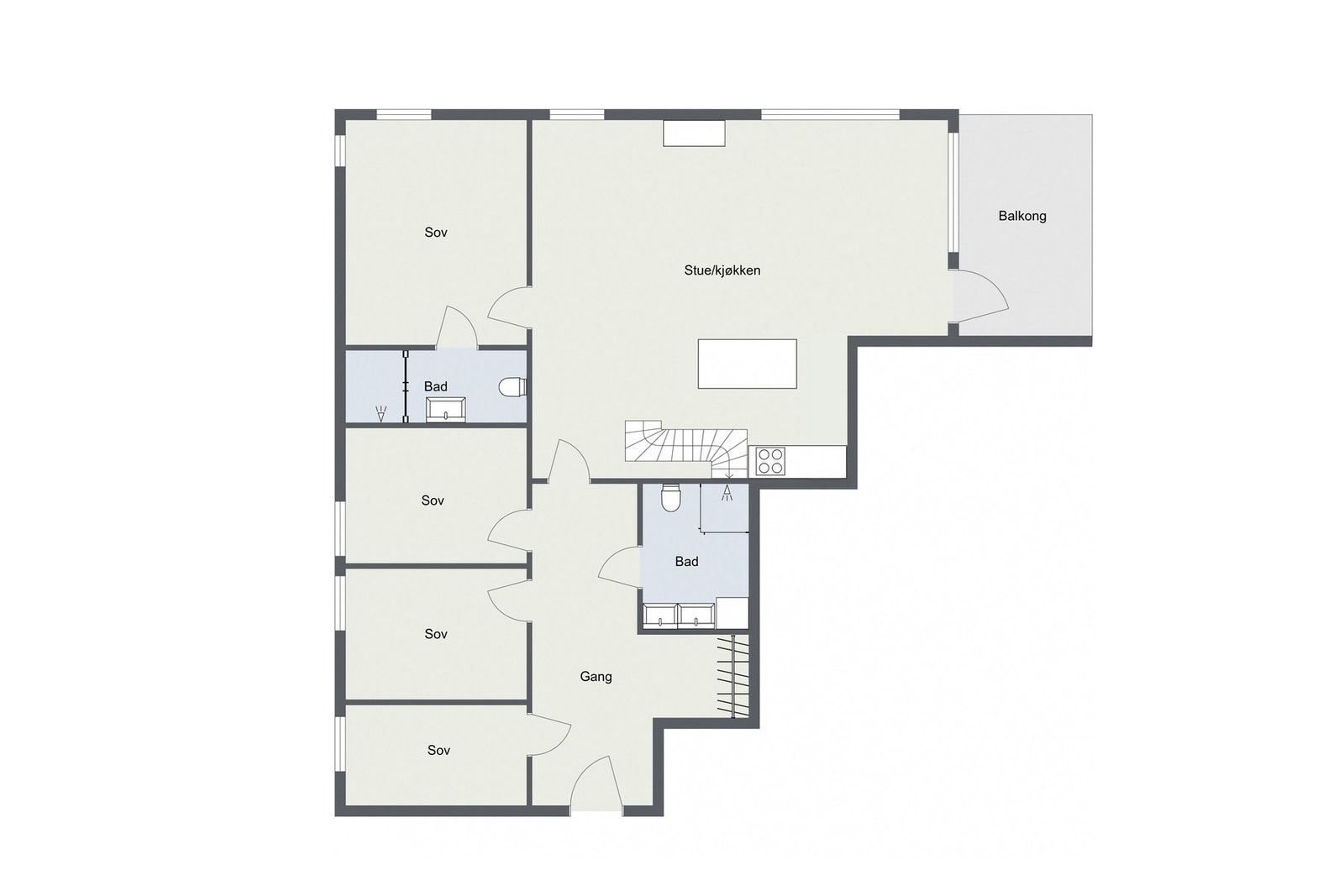Hovedplan. Romslig leilighet med fire soverom, åpen stue/kjøkken-løsning, to bad og balkong. Galleribilde