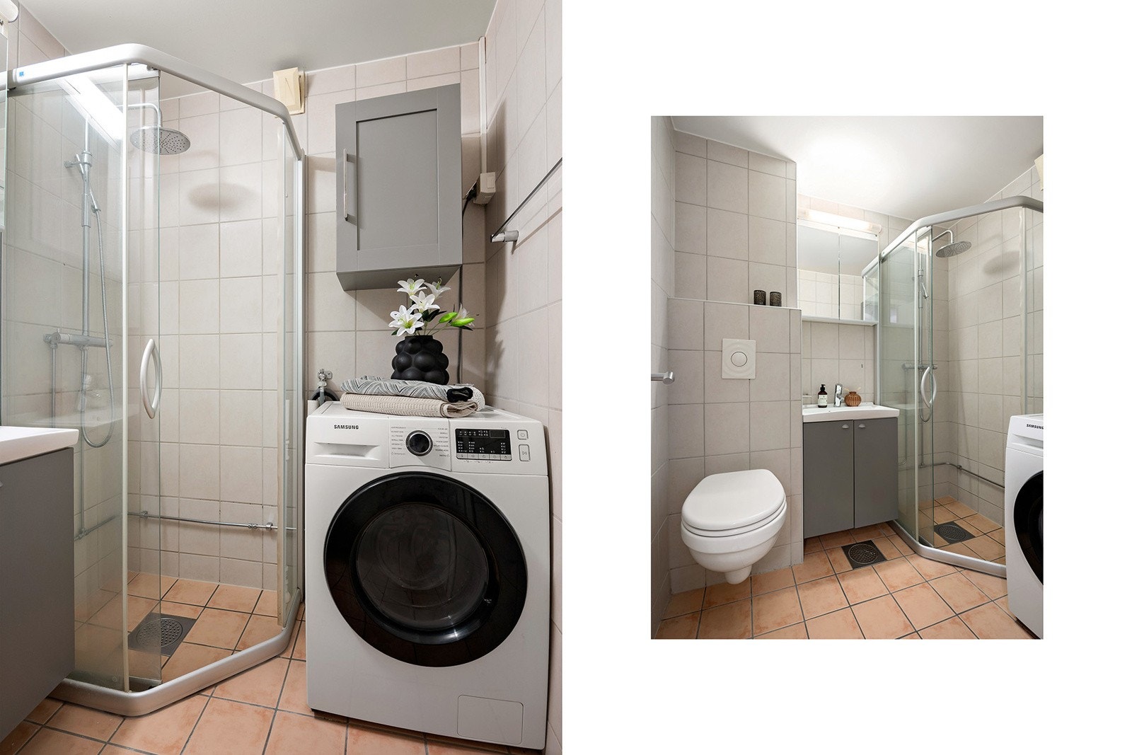 Flislagt bad med gulvvarme, veggmontert toalett, dusjhjørne og opplegg for vaskemaskin. Galleribilde