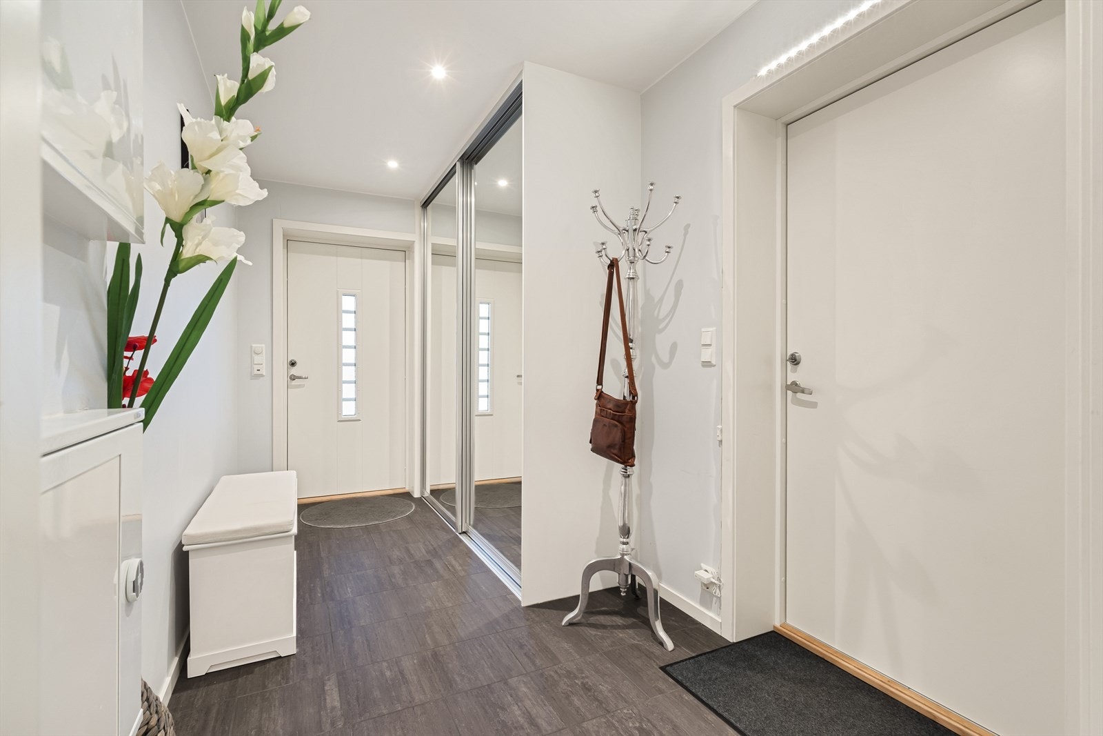 Velkommen inn! Gangen og entreen har varmekabler i gulvet. Den ene ytterdøren går ut til carporten. Galleribilde