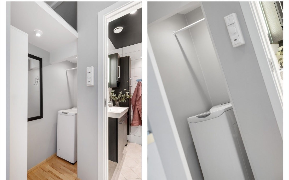 Vaskemaskin i gang utenfor bad. Foto: Notar. Galleribilde