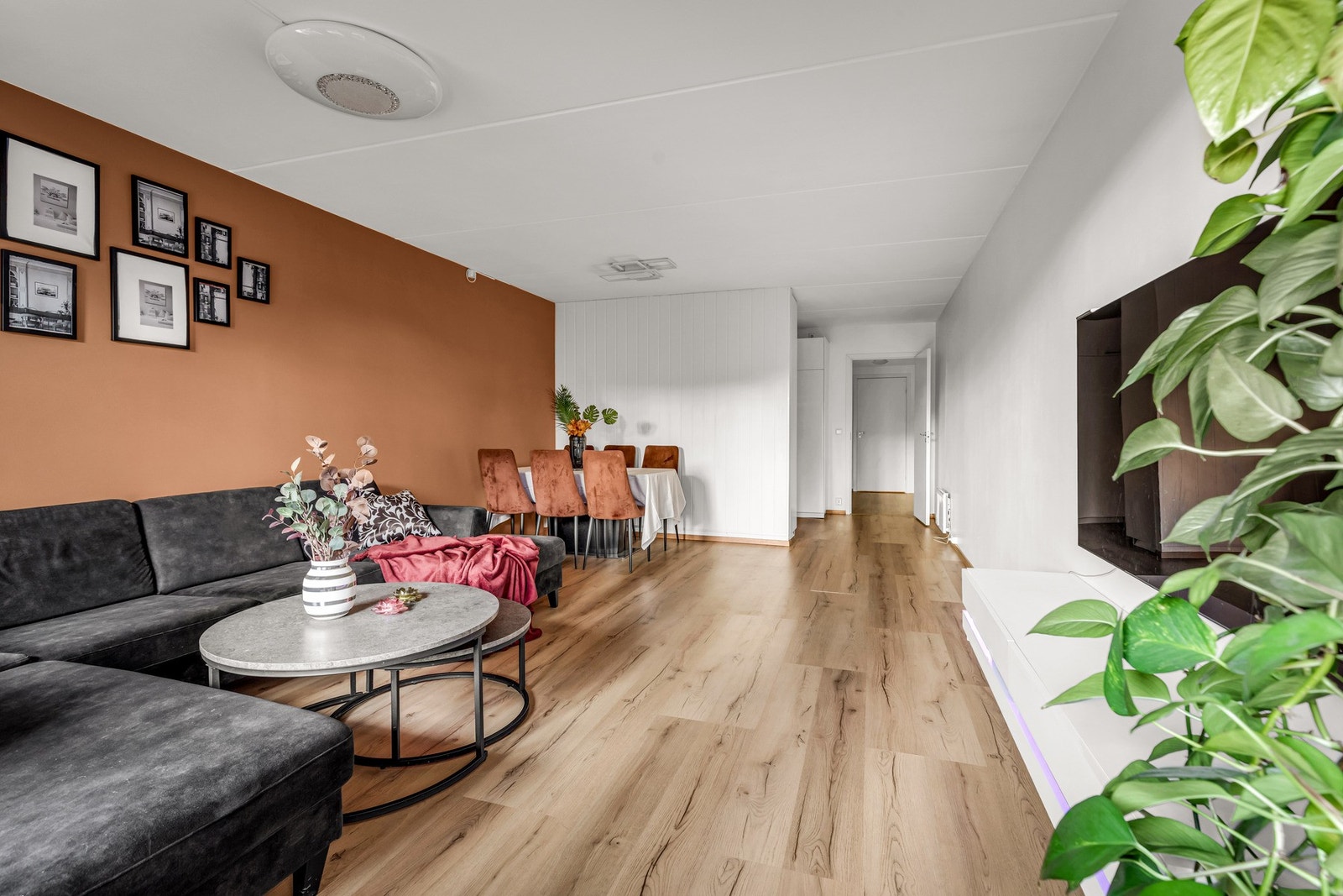 Rommet kan innredes med spisebord, hjørnesofa, Tv-møbler, diverse belysning etc. Her er det lite som må til for å innrede rommet og gi det et personlig preg. Galleribilde