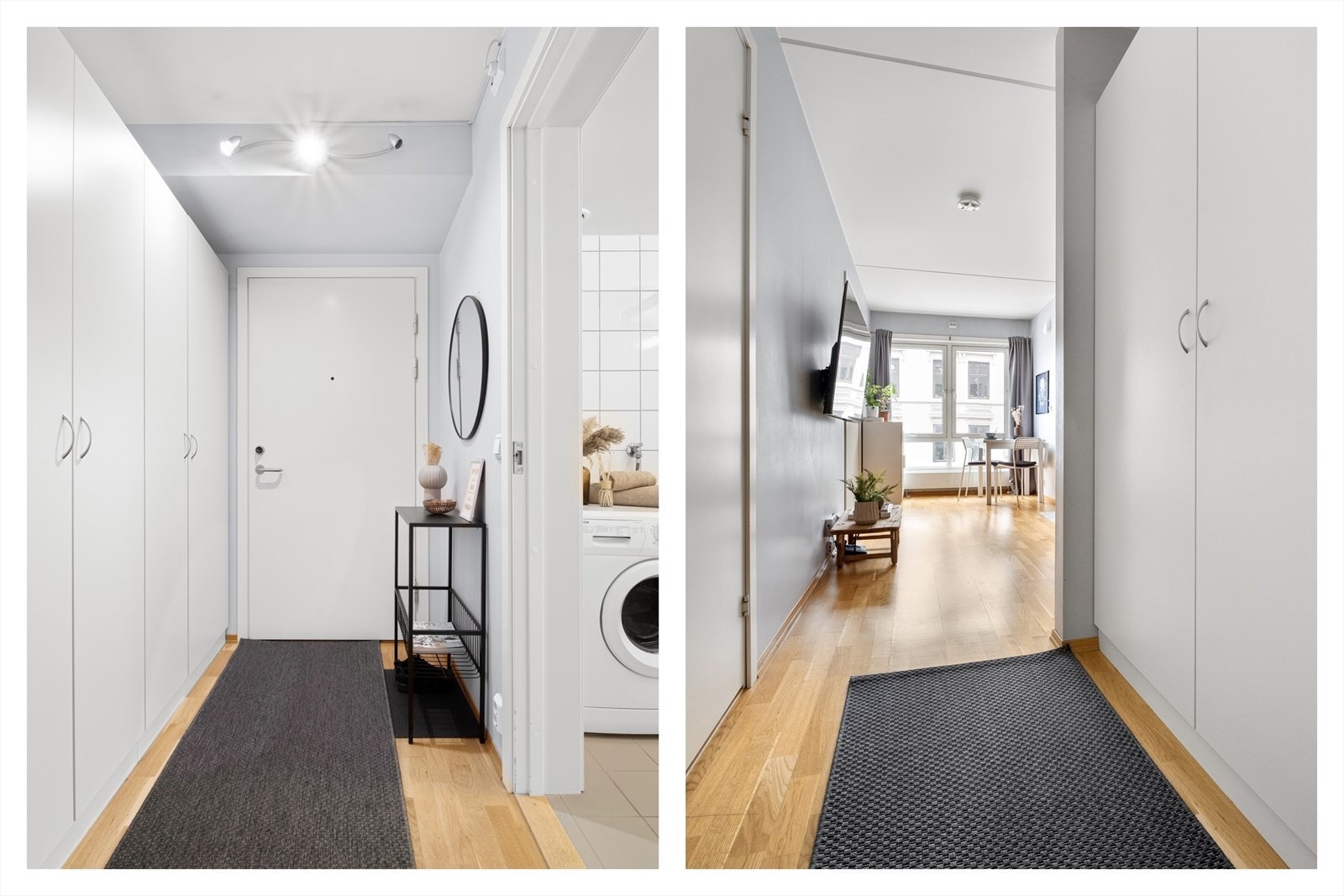 Bak inngangsdøren møtes du av en lys og romslig entre med gott om lagringsplass. Galleribilde