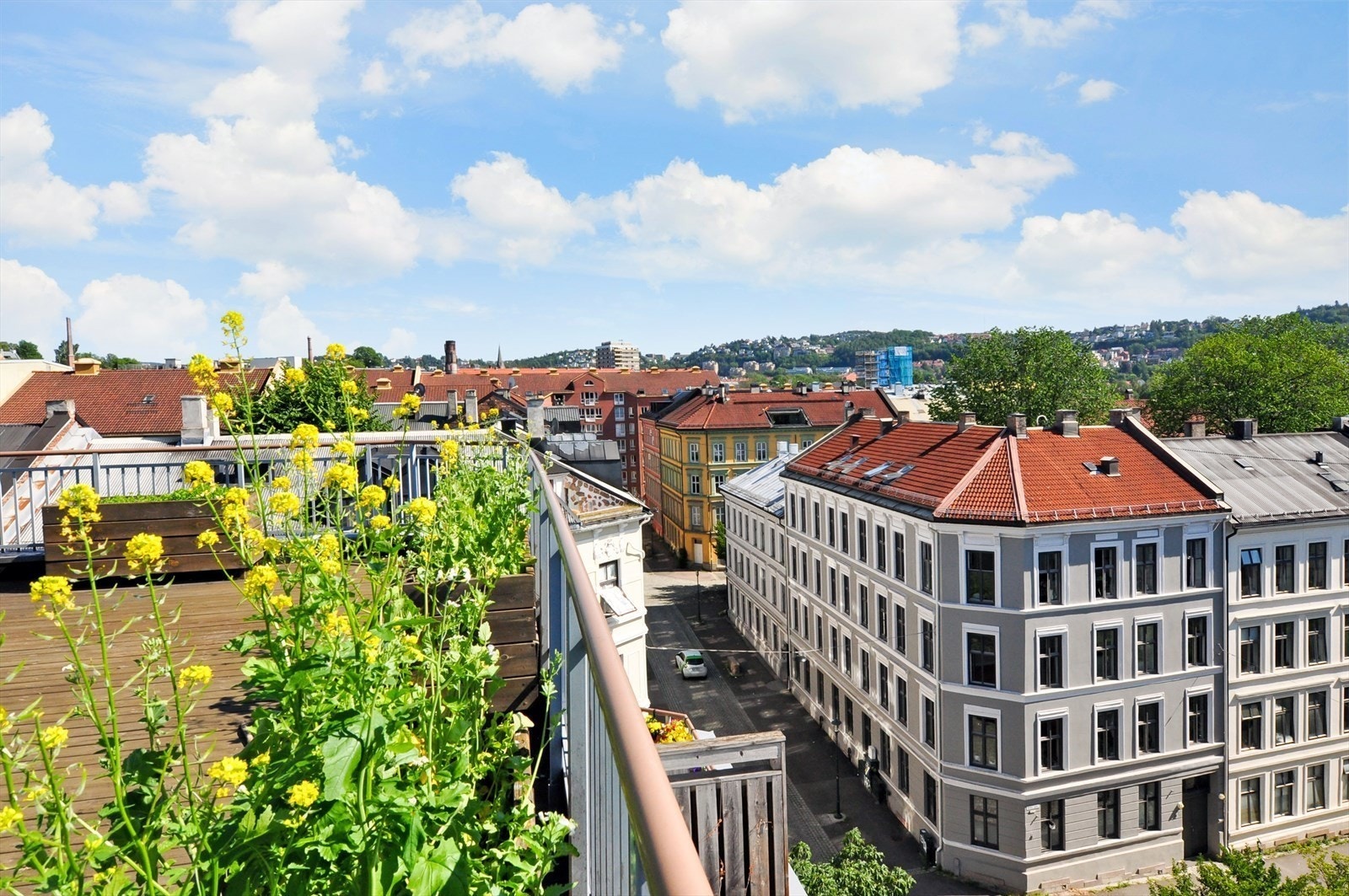 Takterrasse er inredet med utemøbler, sittegrupper og pene prydbusker. Galleribilde