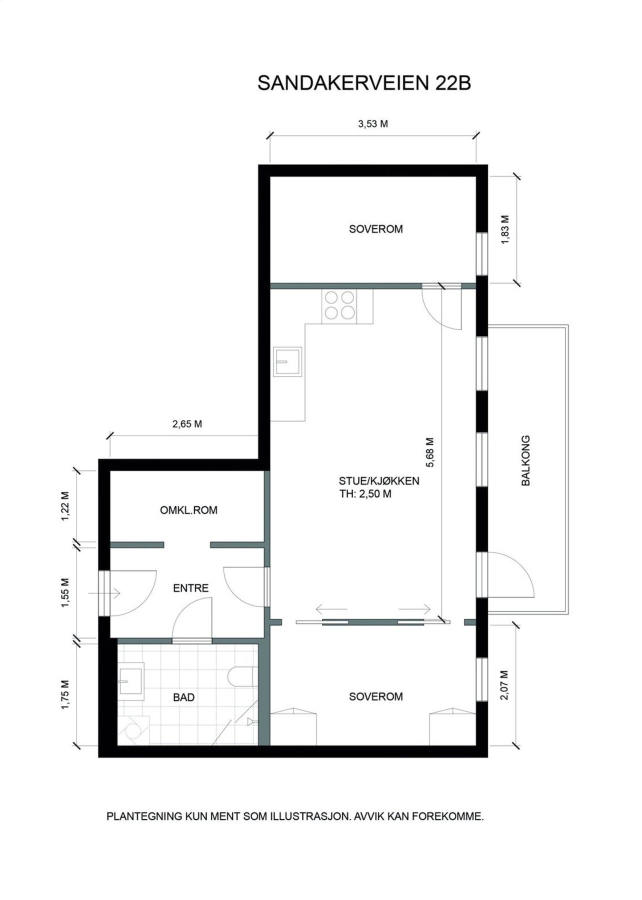 Plantegning. Leiligheten ligger fint til i byggets 3. etasje. Det er også heis. Galleribilde