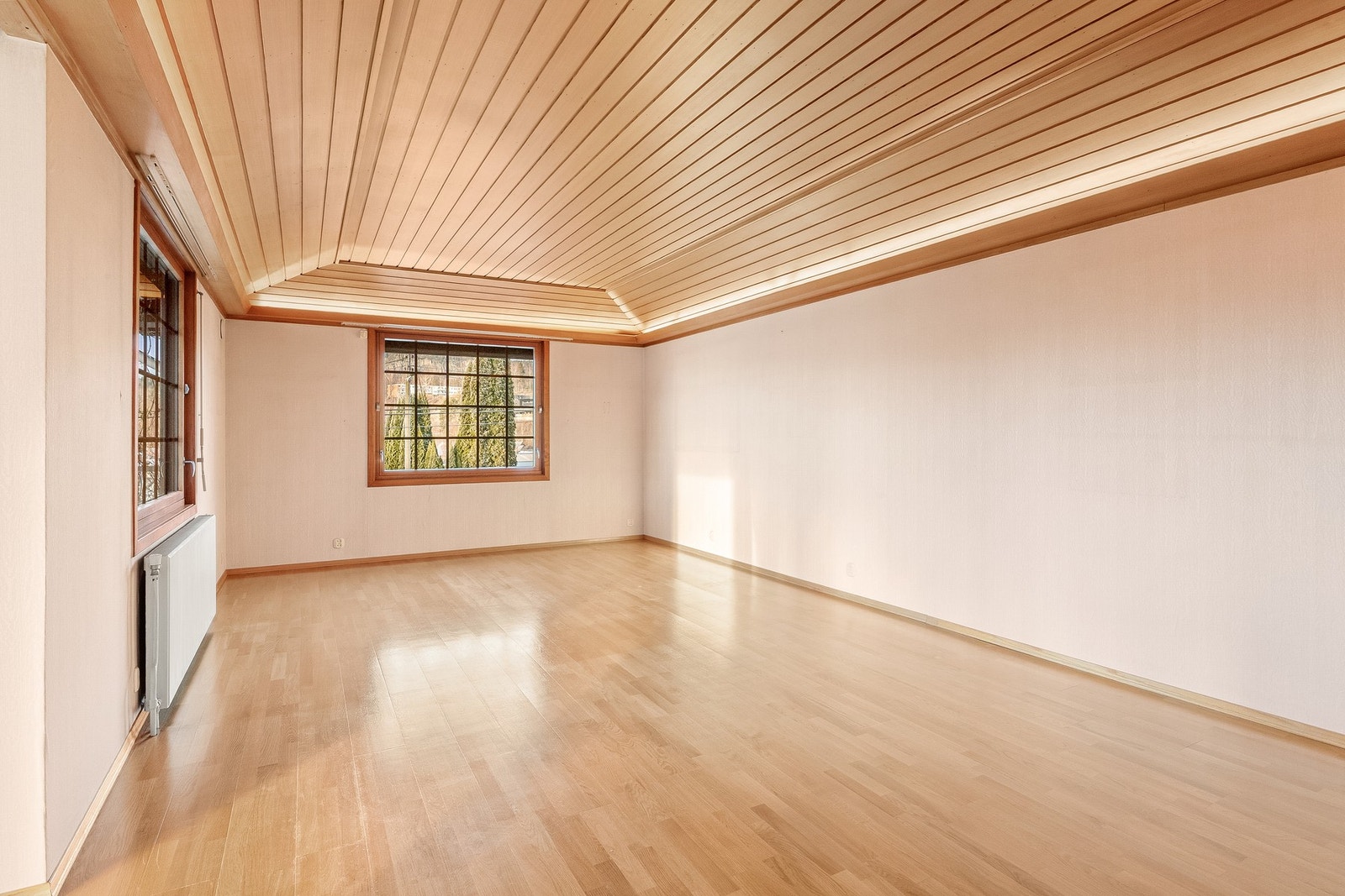 Spisestue har flott tak med belysning og har god plass til å dekke langbord Galleribilde