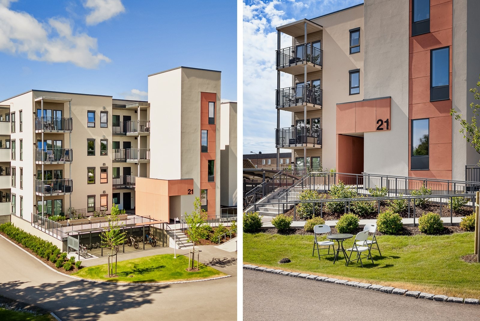 Ved inngangspartiet er det sykkelparkering under tak. Galleribilde