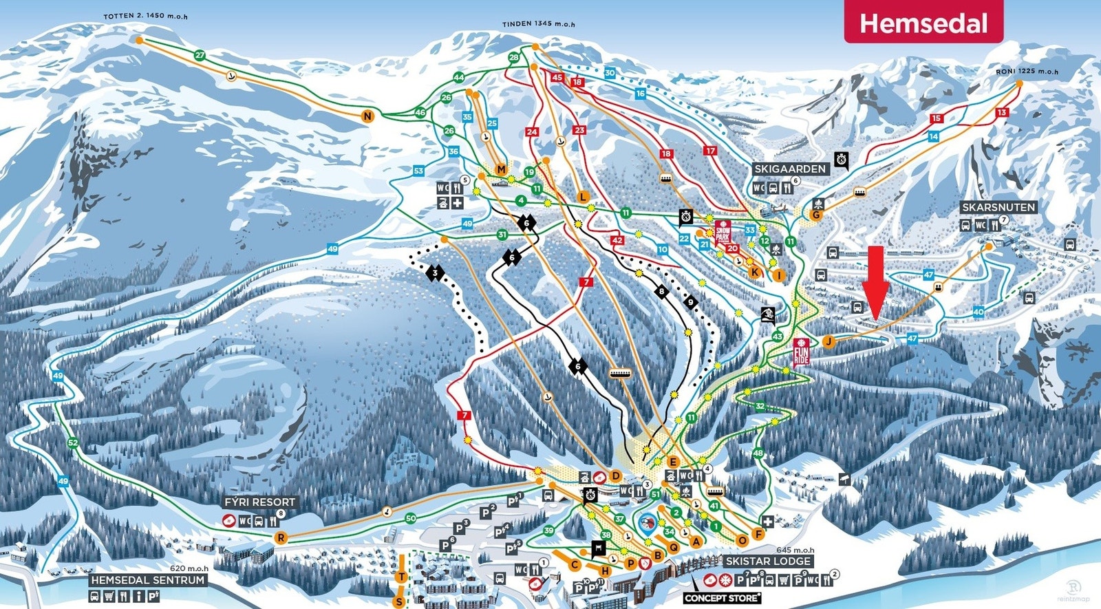 Løypenettet i Hemsedal er stor, og med utspring fra 3 ulike topper er valgmulighetene mange og varierte. Galleribilde