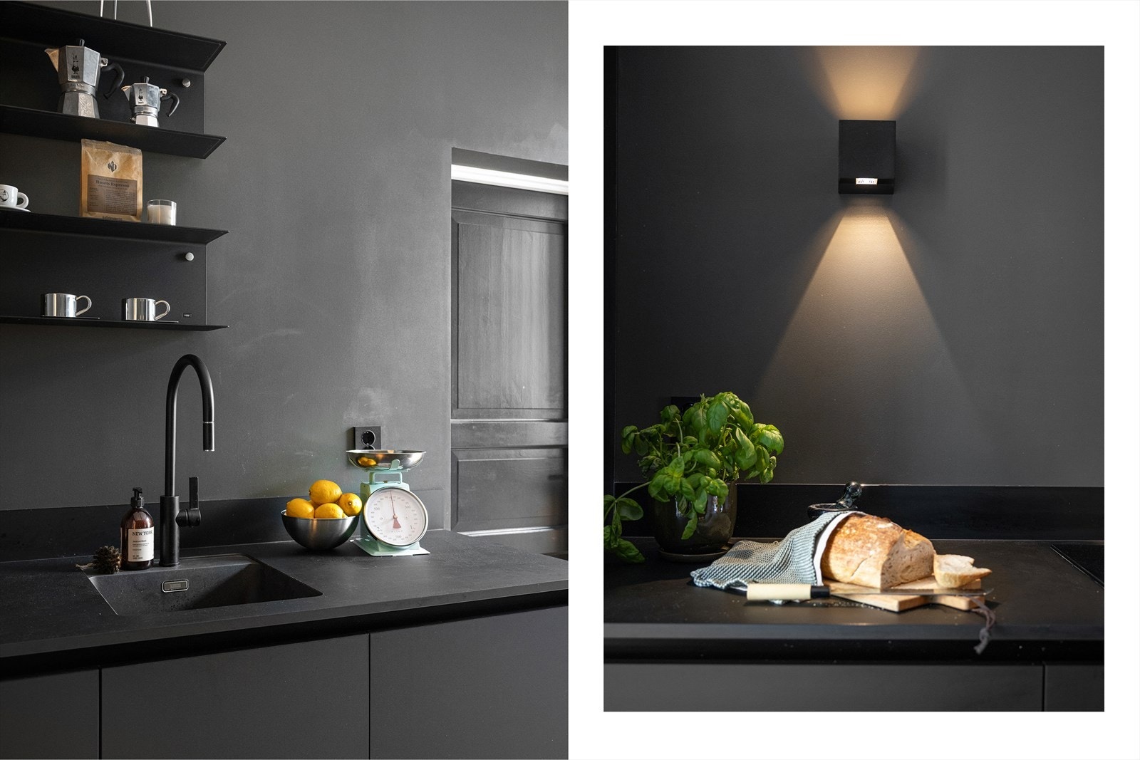 Nedfelt kum og ettgreps blandebatteri i sort som står i stil med innredningen. Galleribilde