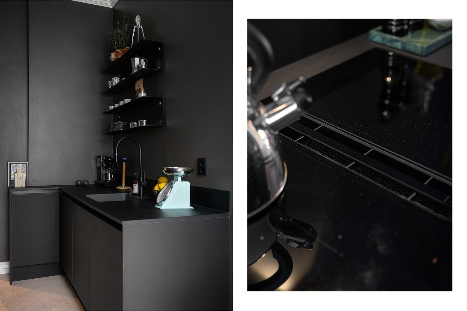 Hvitevarene består av kullfiltervifte over integrert koketopp, ovn, vinskap, kjøl/frys og oppvaskmaskin. Hvitevarene er integrerte, noe som gir et sømløst og godt helhetsinntrykk. Galleribilde