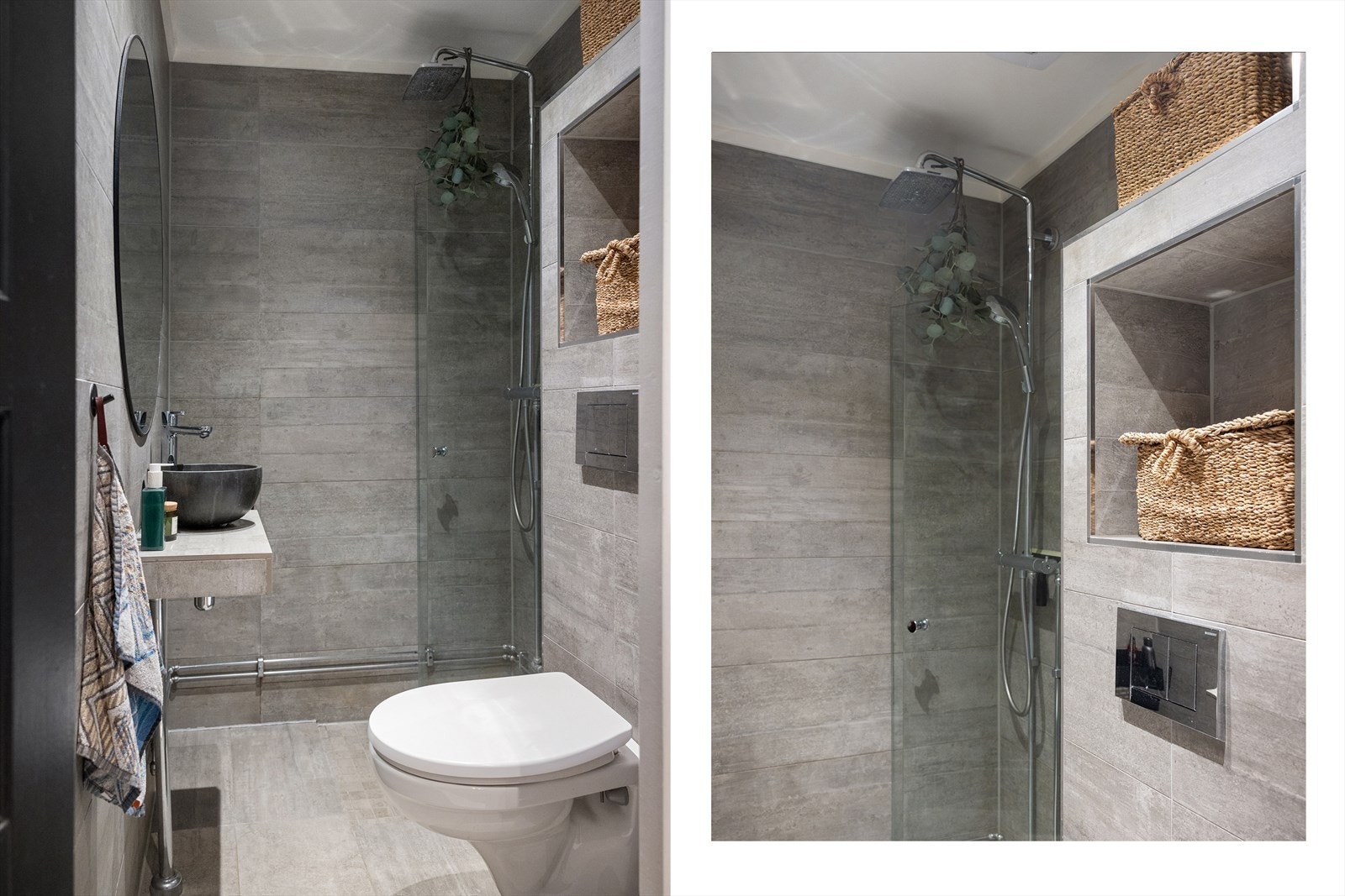 Rålekkert bad som ble overflateoppusset i 2015 med "spa-følelse". Det ble lagt flis-på-flis ifølge tidligere salgsoppgave. Galleribilde