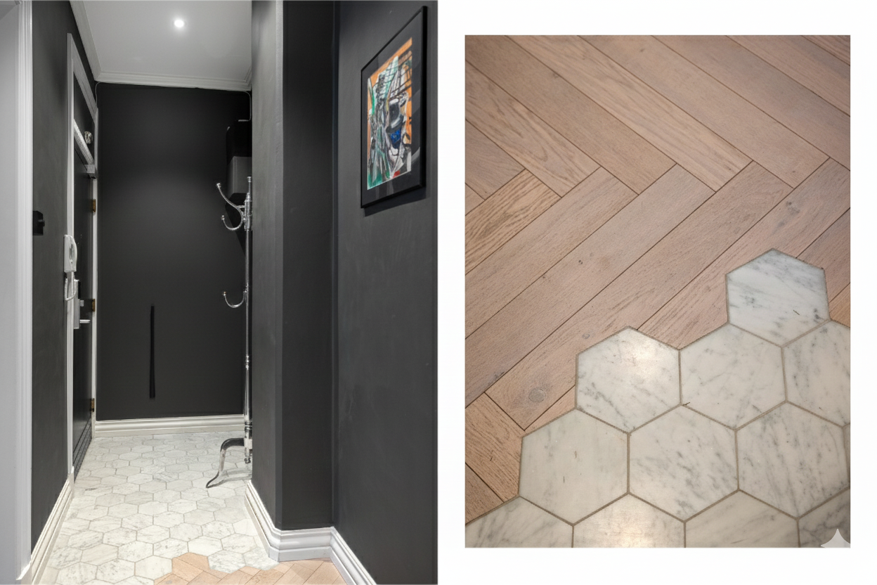 Velkommen inn! Her får du et umiddelbart godt og riktig førsteinntrykk. Det er flislagt gulv ved inngangsdøren med tidsriktige hexagonfliser. Galleribilde