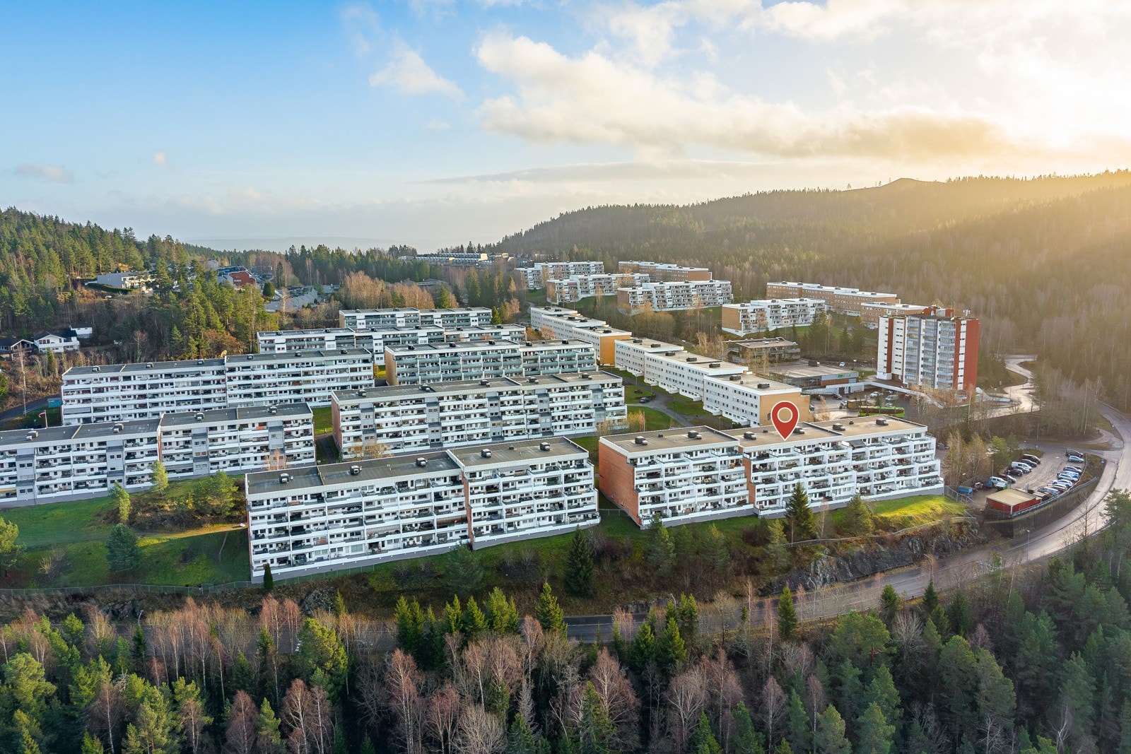 Dronebilde over nærområdet. Galleribilde