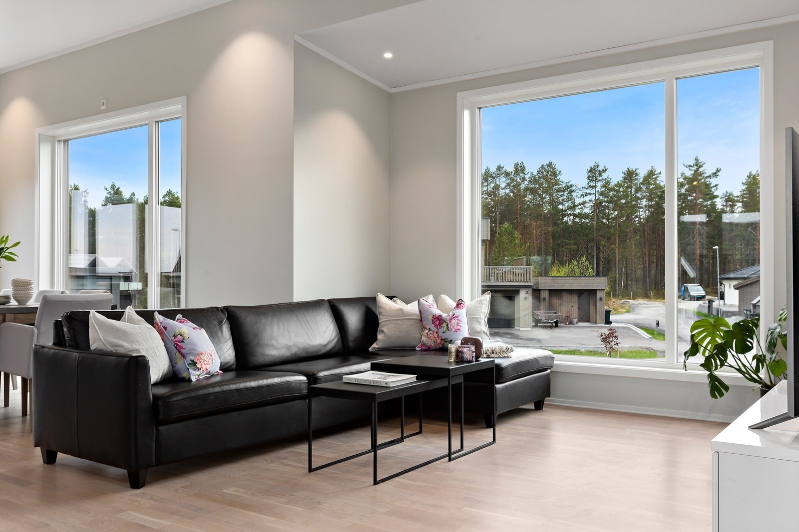 Stuen har store vindusflater som strekker seg fra gulv til tak. I stuen er det flere store glassflater med type sol/varme-demping. Galleribilde