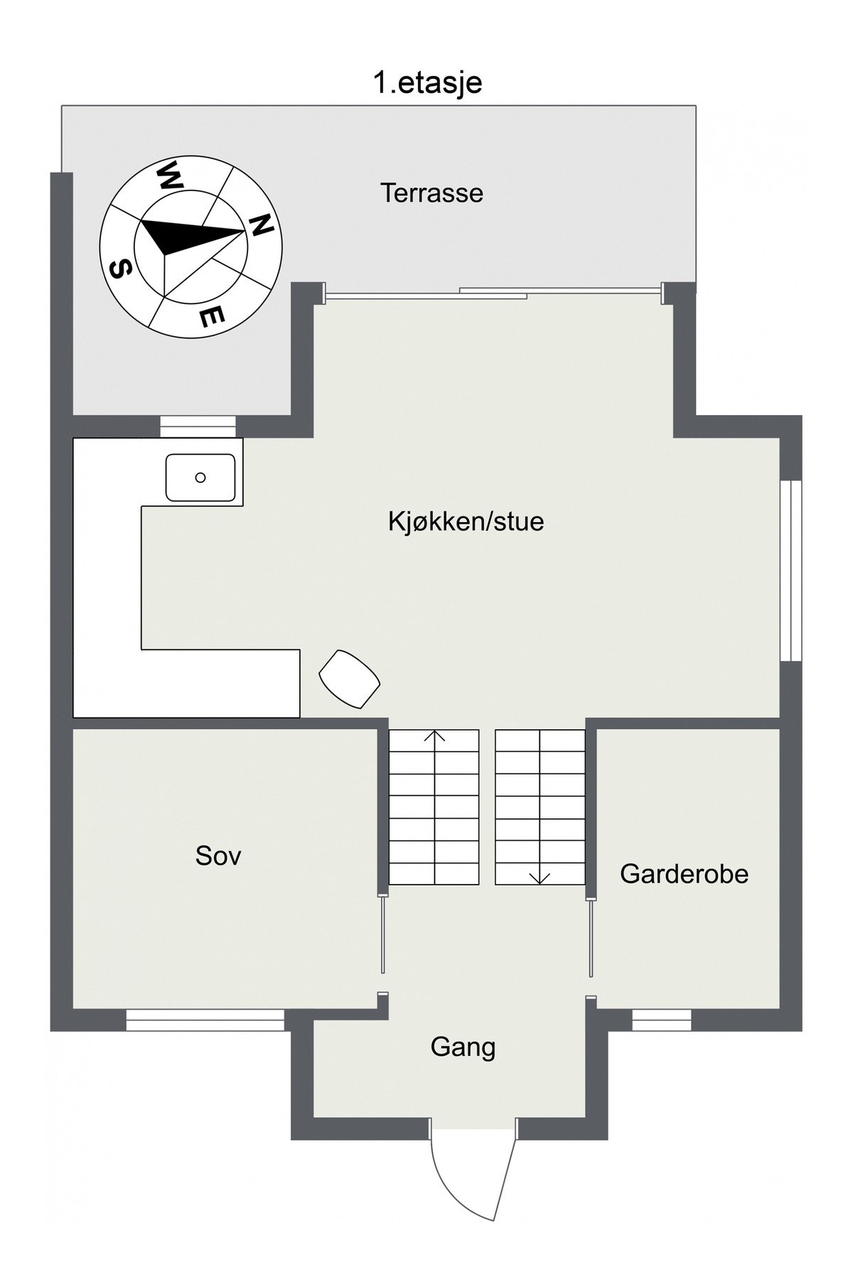 Planskisse 1. etasje viser plan 1,5 med åpen kjøkkenløsning og stue/spisestue, samt plan 1 med soverom og garderobe. Galleribilde