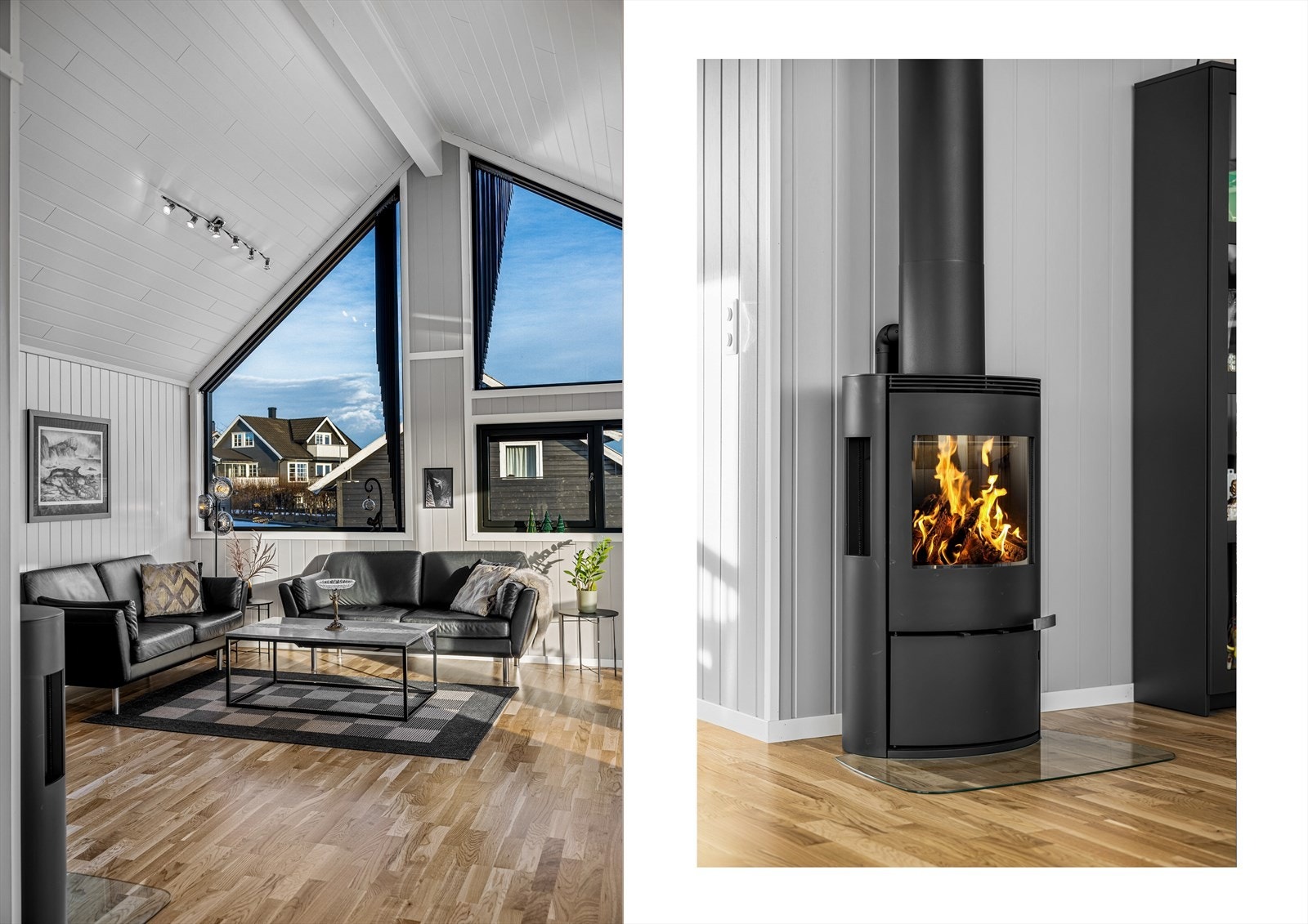 En delikat og moderne stue med ILD peisovn og Jøtul ovnsrør Galleribilde