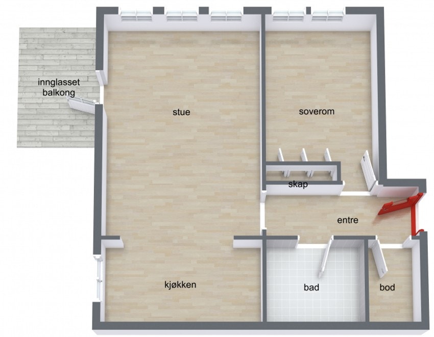 Leiligheten byr på: gang, soverom, bad og åpen stue/kjøkkenløsning. Galleribilde