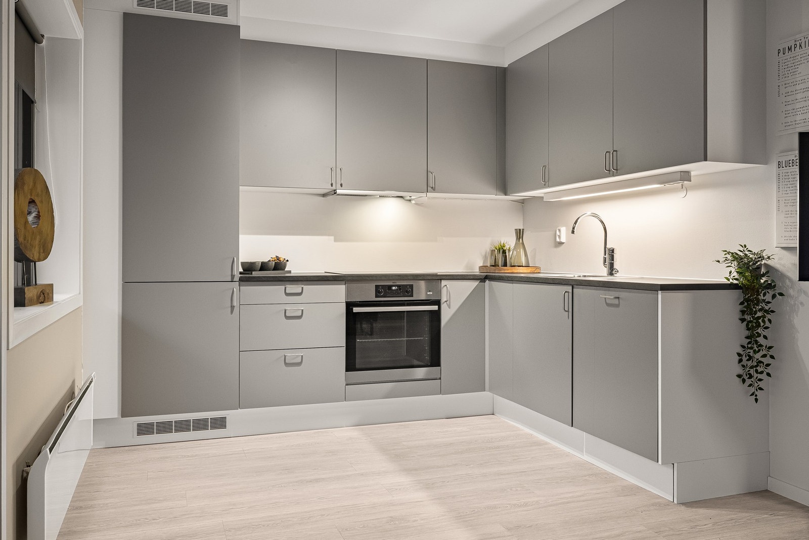 Integrerte hvitevarer er kjøl/fryseskap, oppvaskmaskin, stekeovn og platetopp. Galleribilde