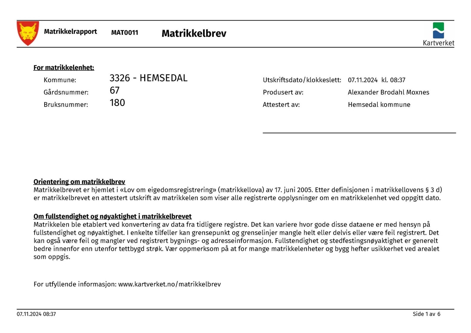 Matrikkelbrev side 1 Galleribilde