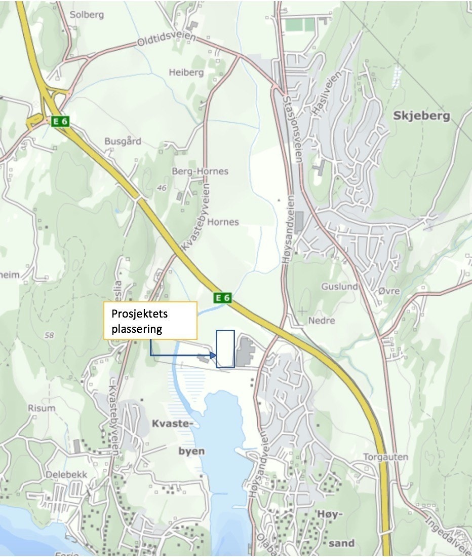 Prosjektets Beliggnhet. Kort vei fra av/påkjørsel til E6. Galleribilde