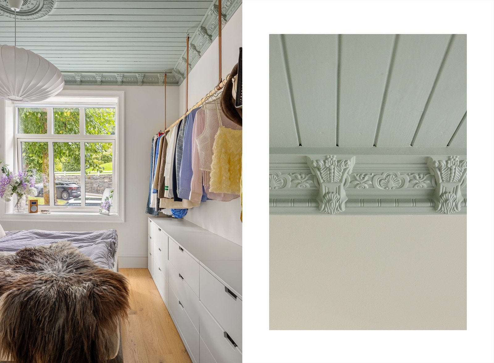 - Her er himlingen og stukkaturen malt i en nydelig mintfarge, som gir en fin kontrast til det hvite - Galleribilde