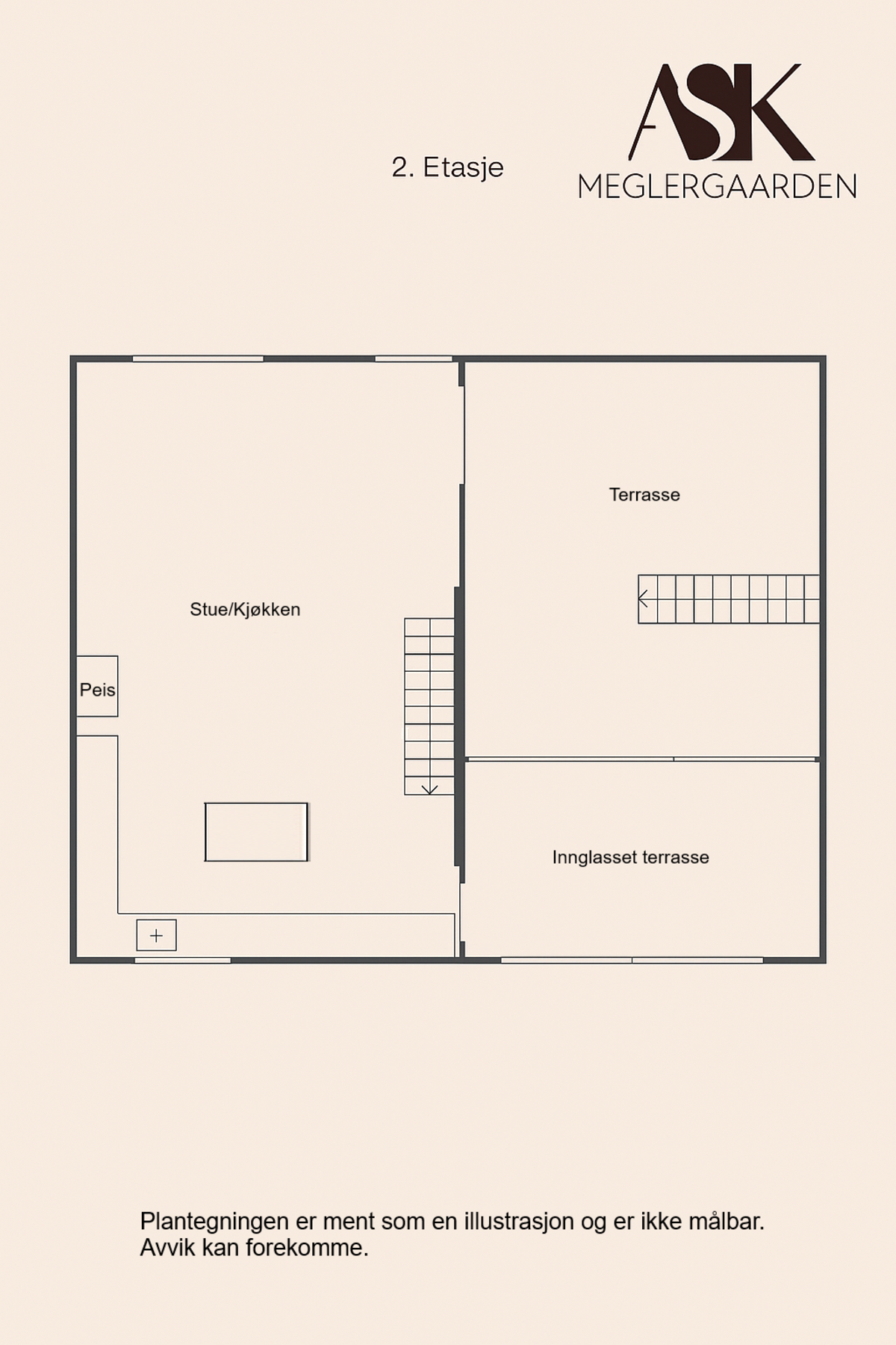 Plantegning av andre etasje - åpen stue- og kjøkkenløsning med peis, store vindusflater og tilgang til to terrasser, hvorav én er innglasset. Galleribilde