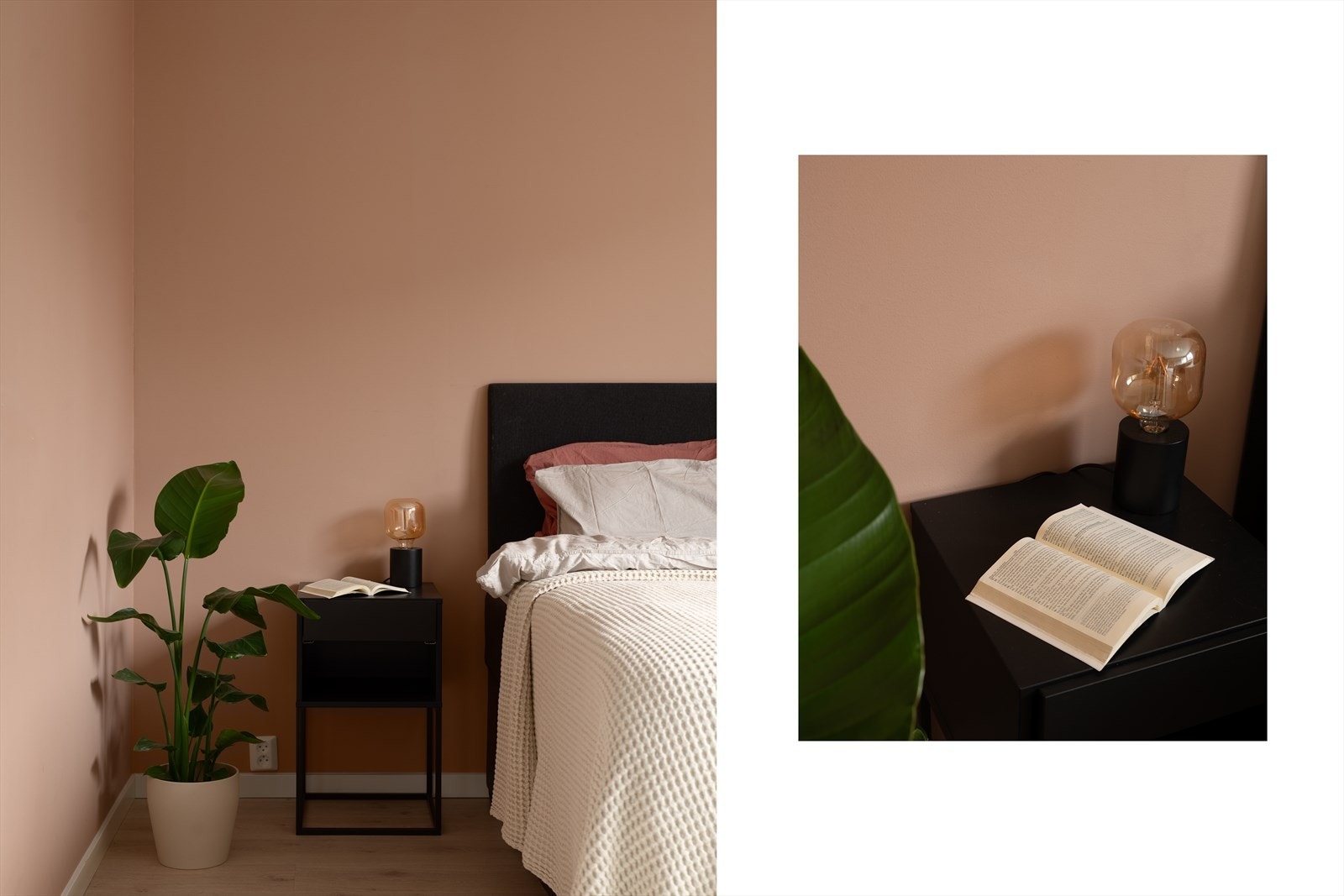 Vinduet vender ut mot grønne trær og slipper inn rikelig med sollys. Veggene er malt i en dempet rosatone som gir rommet et varmt og behagelig uttrykk. Galleribilde