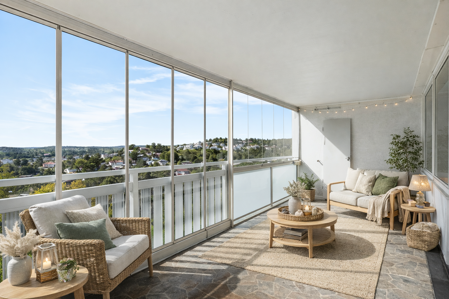 Romslig inneglasset balkong med gode solforhold og nydelig utsyn. Bildet er digitalt møblert Galleribilde