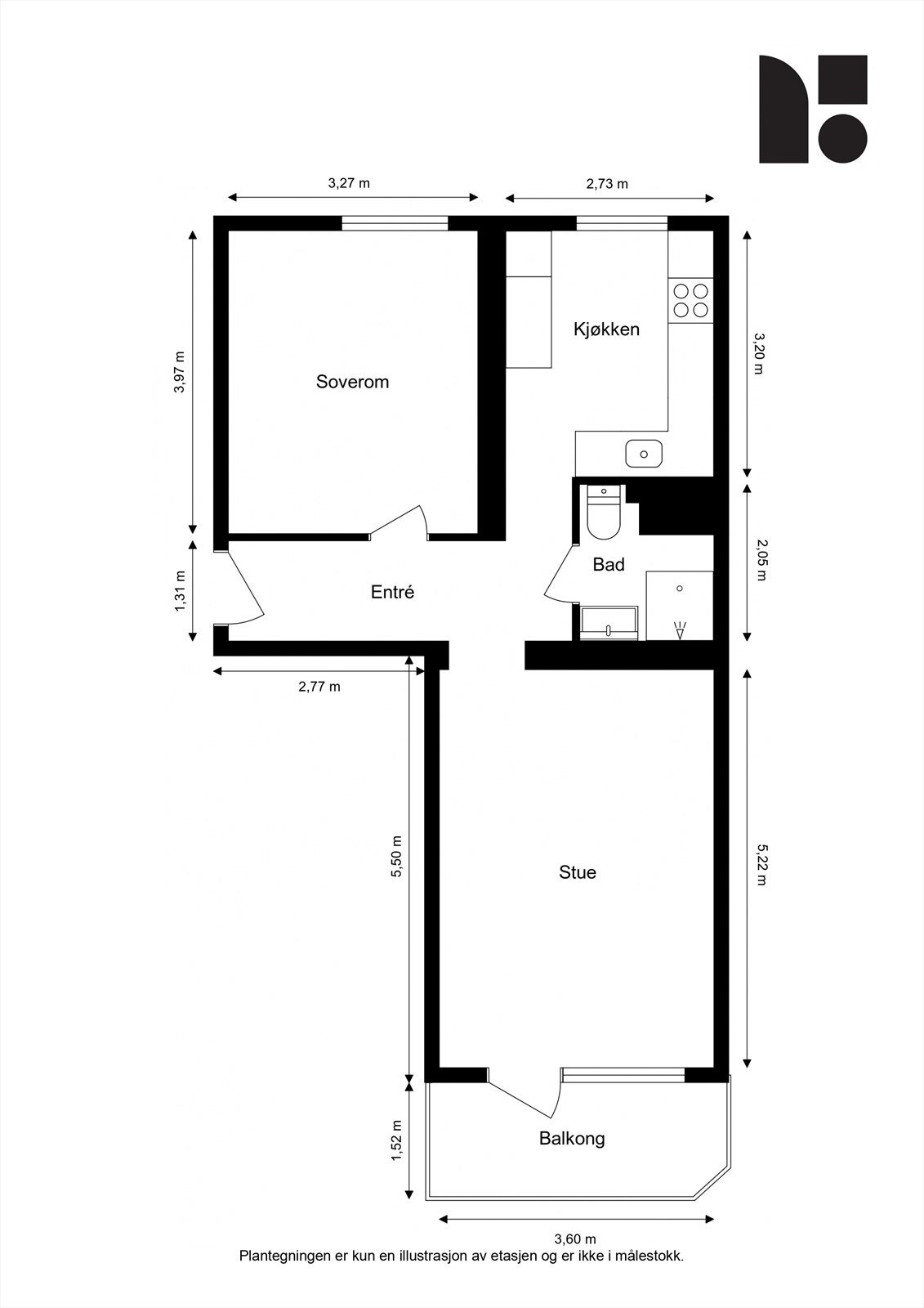 Effektiv planløsning over 54 m² som omfatter entré, stue, kjøkken, soverom og bad. Galleribilde