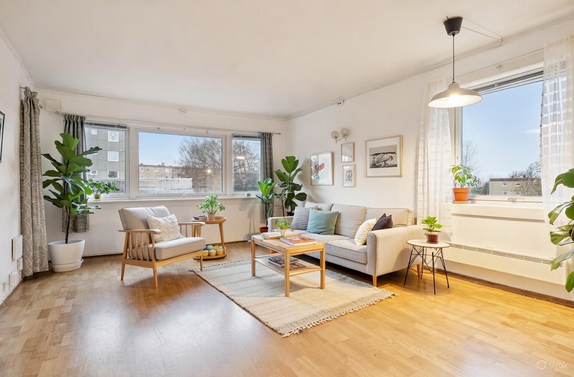 Digitalt møblert stue. Galleribilde