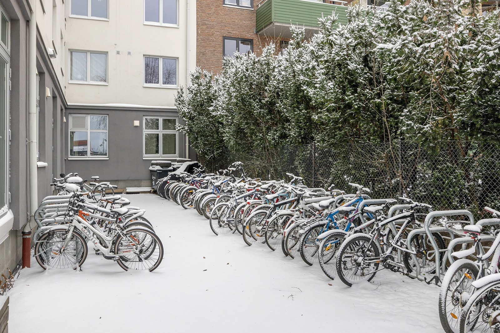 Felles sykkelparkering med låsbar oppstilling på baksiden av B-inngangen Galleribilde