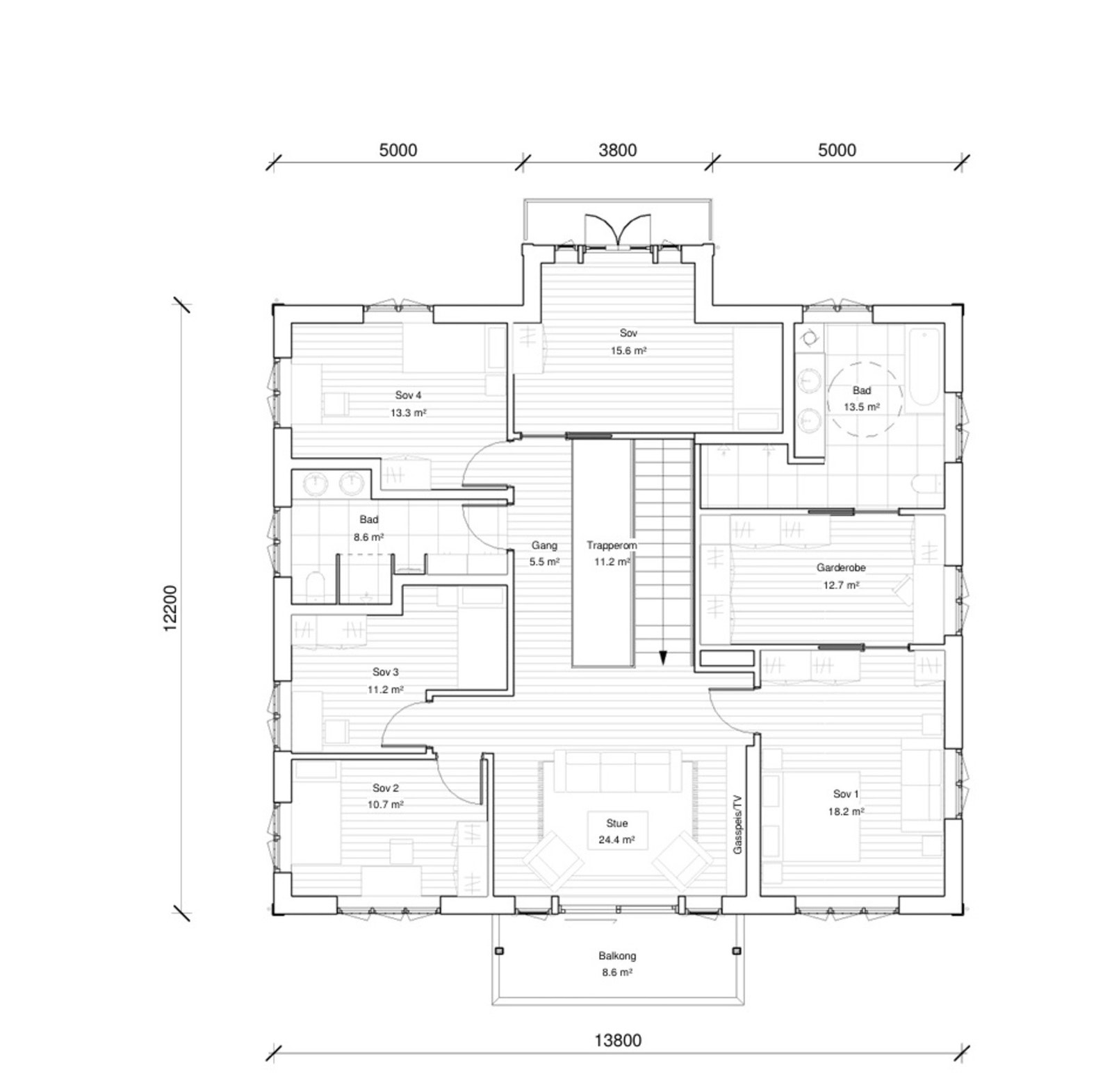 2. etasje har mulighet for 5 soverom eller 4 soverom og treningsrom Galleribilde