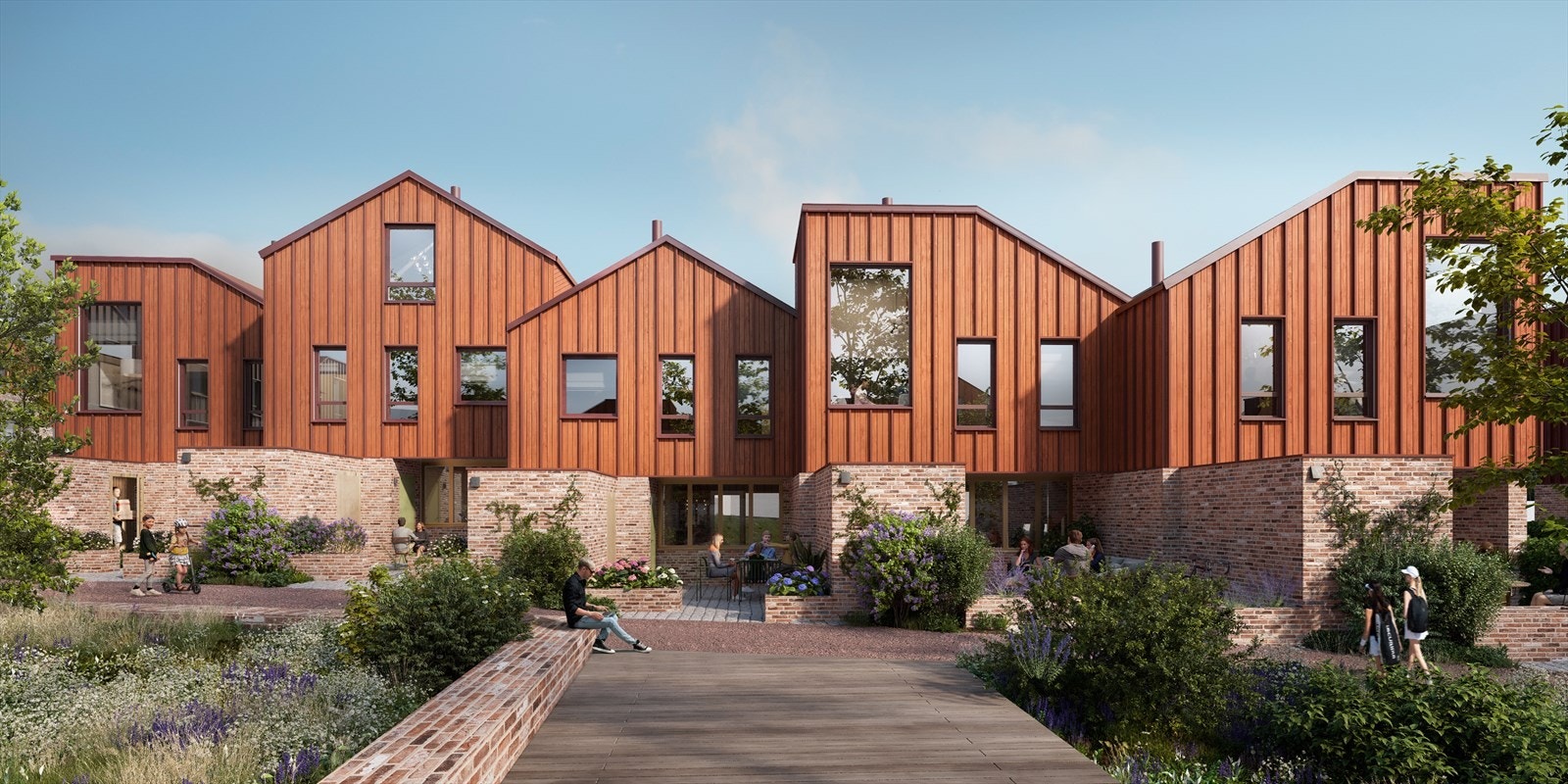 Boligene på Kleven gård og arkitekturen er inspirert av det gamle gårdstunet med teglsten i første etasje og rødtonet stående trepanel fra andre etasje og opp. Galleribilde