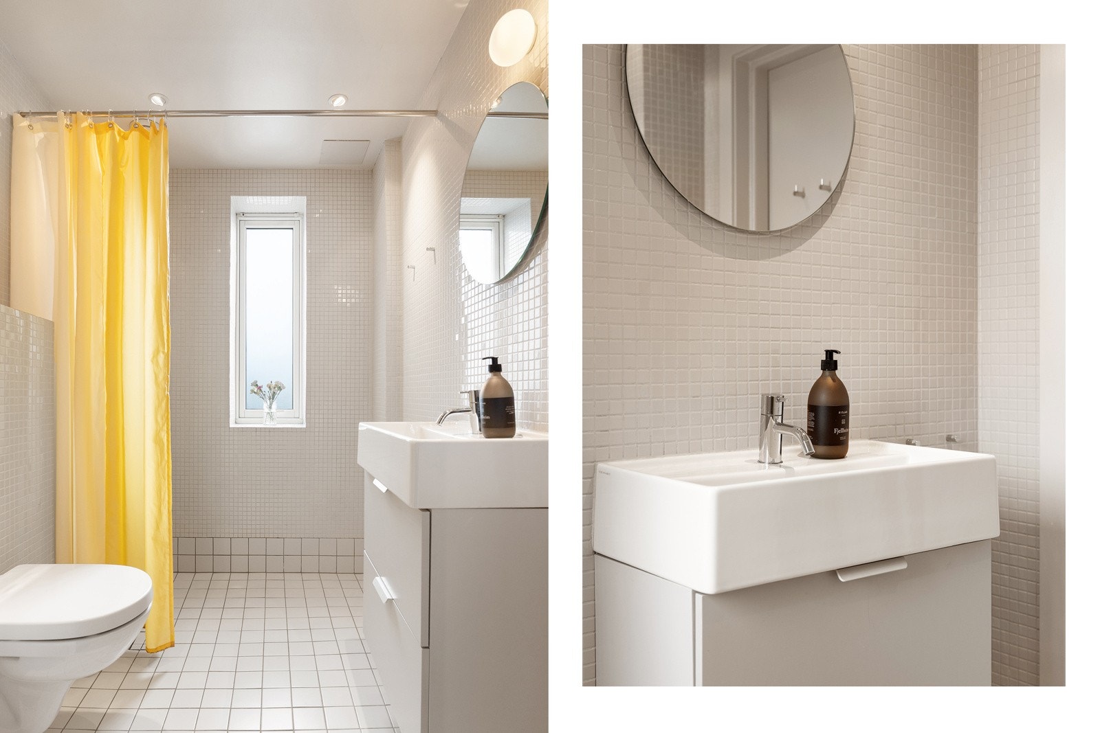 Lyst baderom pusset opp i regi av borettslag som i senere tid har bitt oppgardert med nye fliser i 2016 og nye varmekabler i 2020. Galleribilde