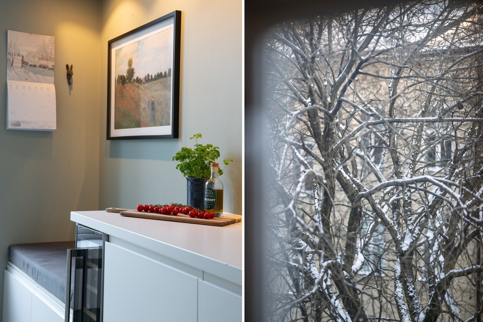Hyggelig, plassbygget sittebenk hvor det er mulighet for å ha et frokostbord foran. Utsikt over bakgården. Galleribilde