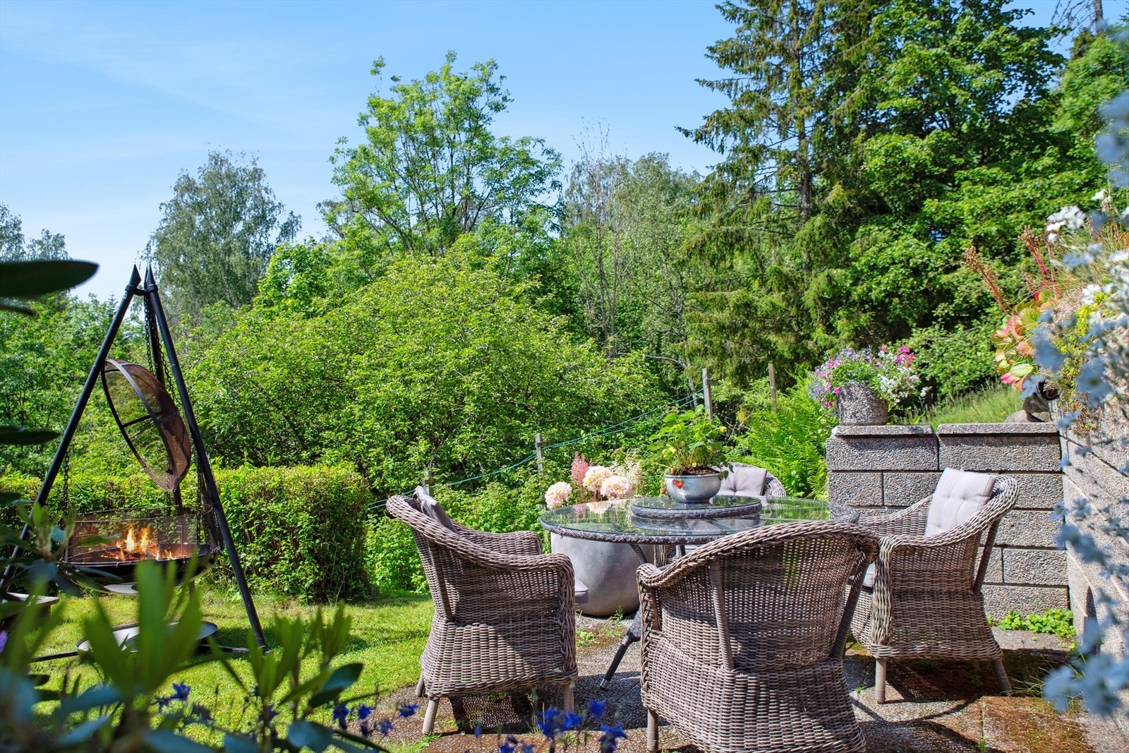 Eiendommen har en pent opparbeidet tomt med gressplen og prydbusker. Galleribilde