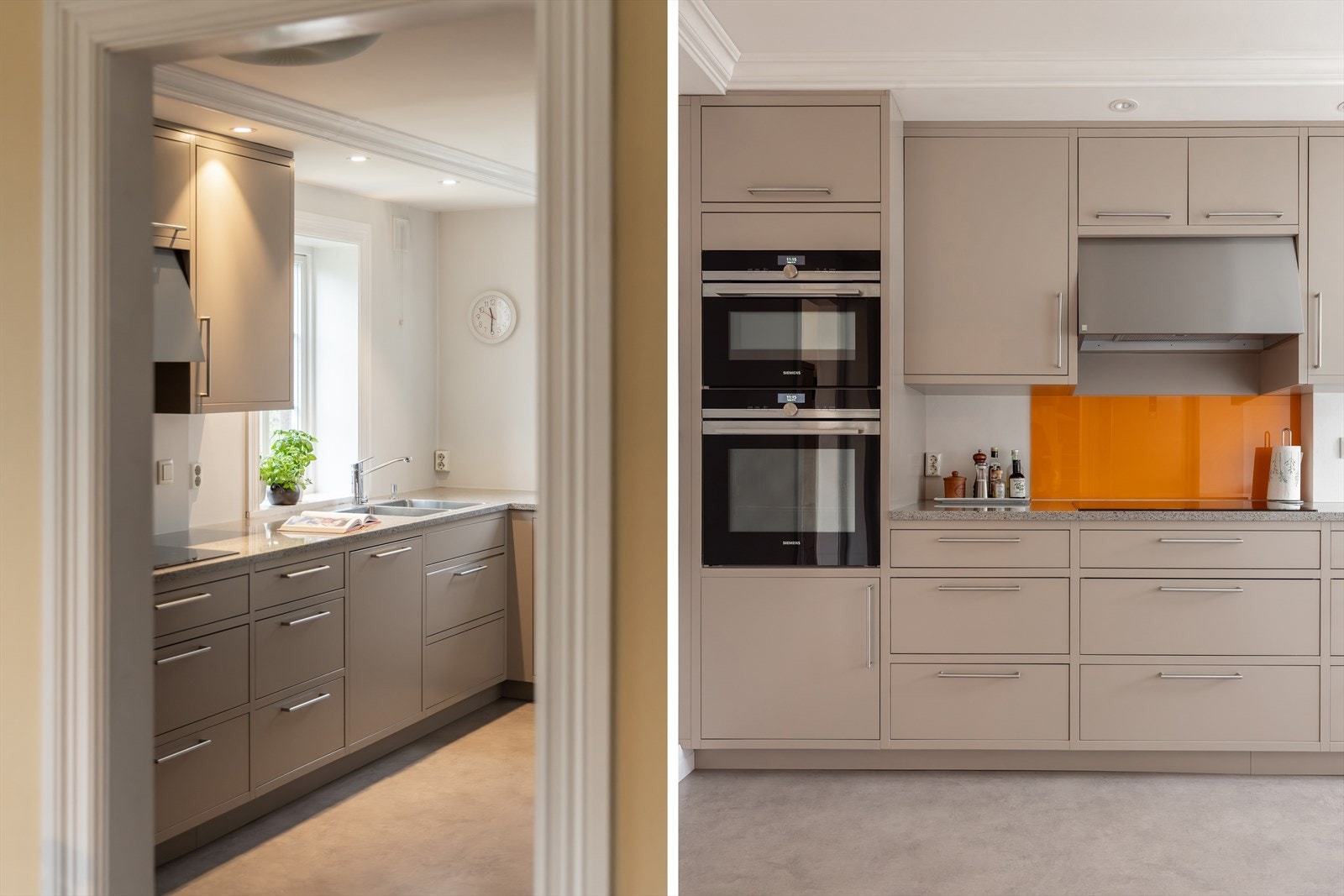 Integrerte hvitevarer i kjøkken som platetopp, 2 stekeovner og oppvaskmaskin. Galleribilde