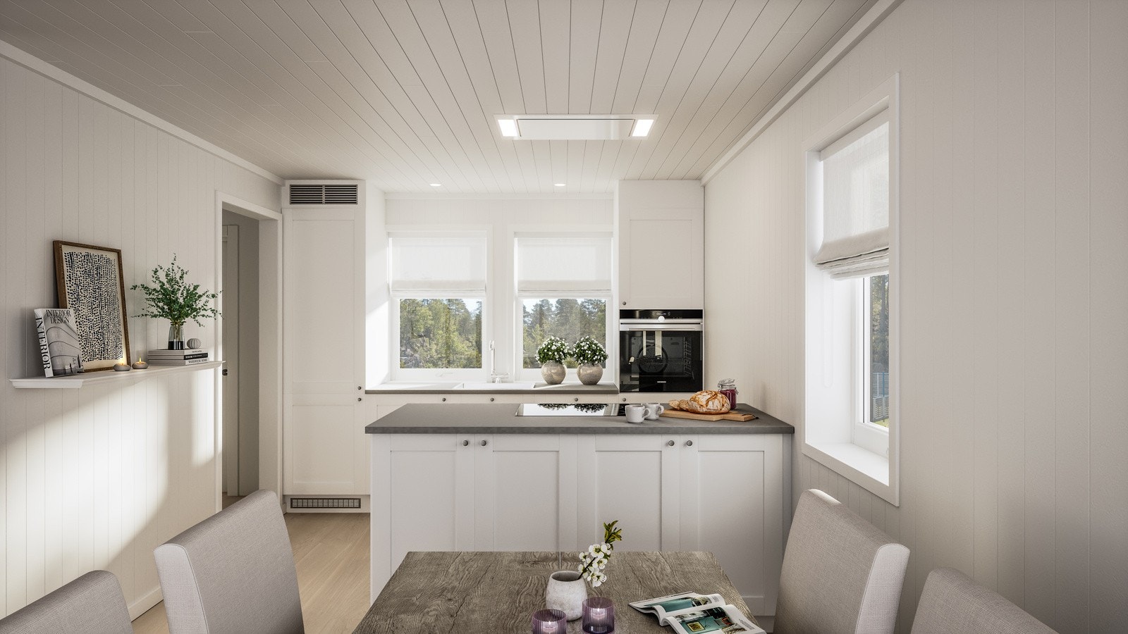 Den åpne kjøkkenløsningen blir boligens hjerte. Her kommer induksjonstoppen i halvøya slik at man kan delta i hyggelige, sosiale sammenkomster mens man lager mat. Illustrasjonsbilde, avvik kan forekomme. Galleribilde