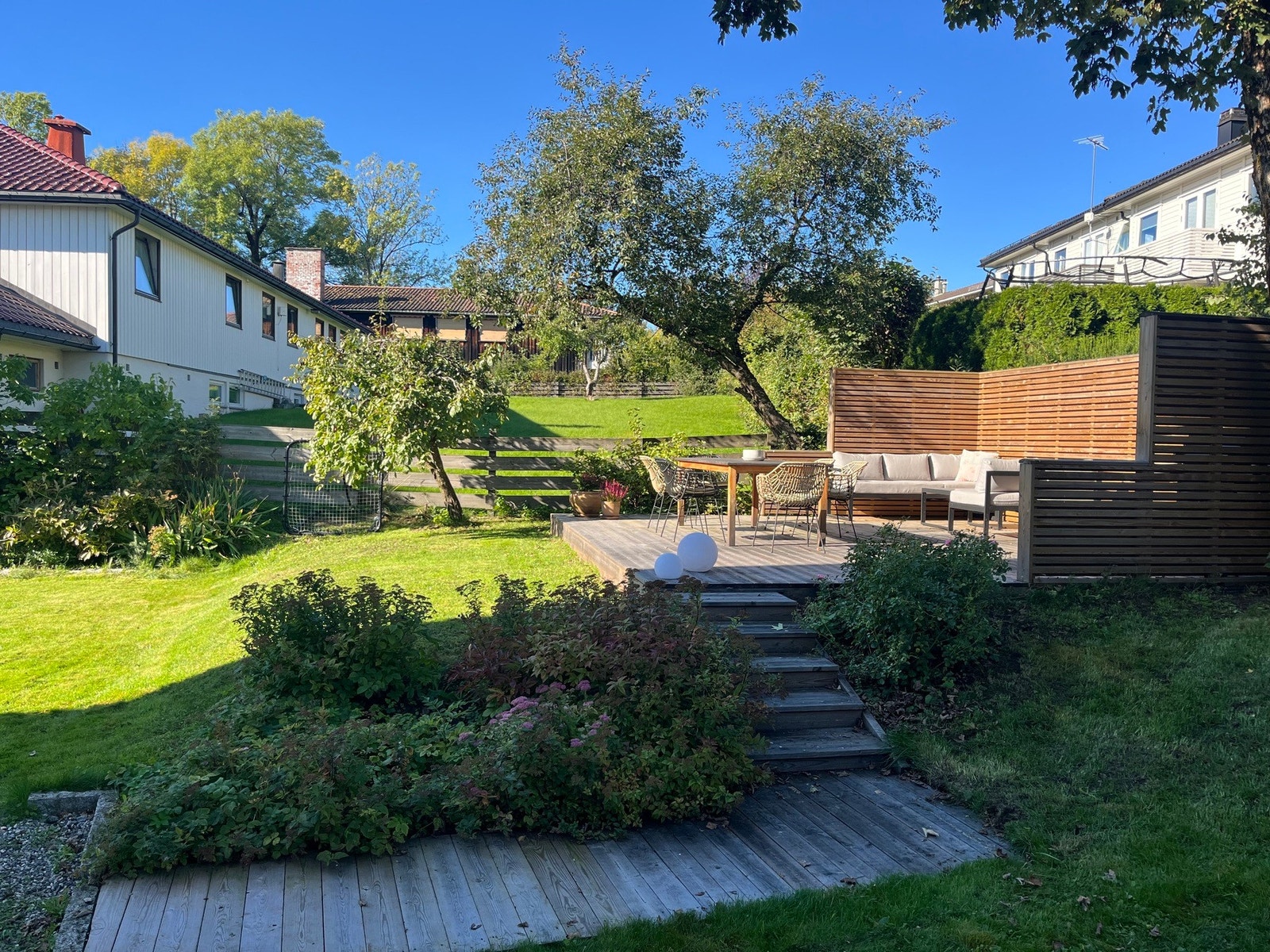 Privat sommer bilde av terrasseplatting og hage. Galleribilde
