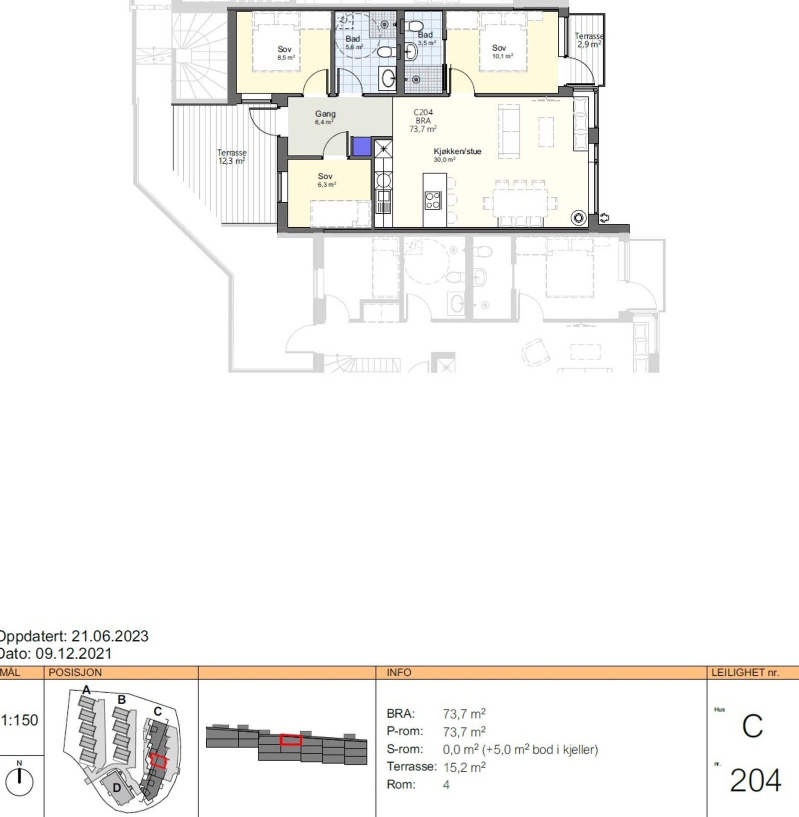 Leilighetens beliggenhet i bygget og plantegning. Galleribilde