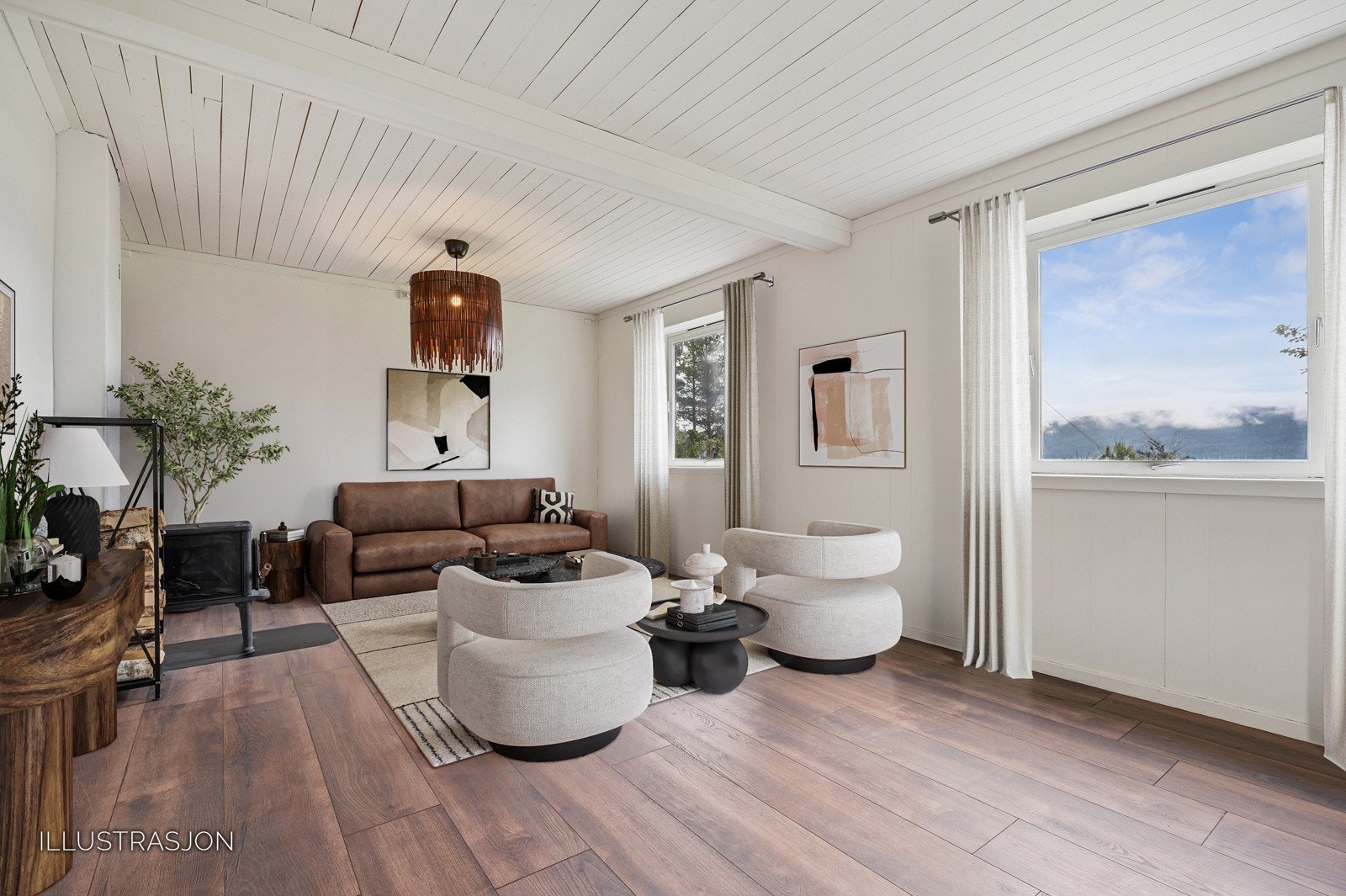 Praktisk stue med ny vedovn. God plass til å installere et hybelkjøkken om dette er ønskelig. Galleribilde