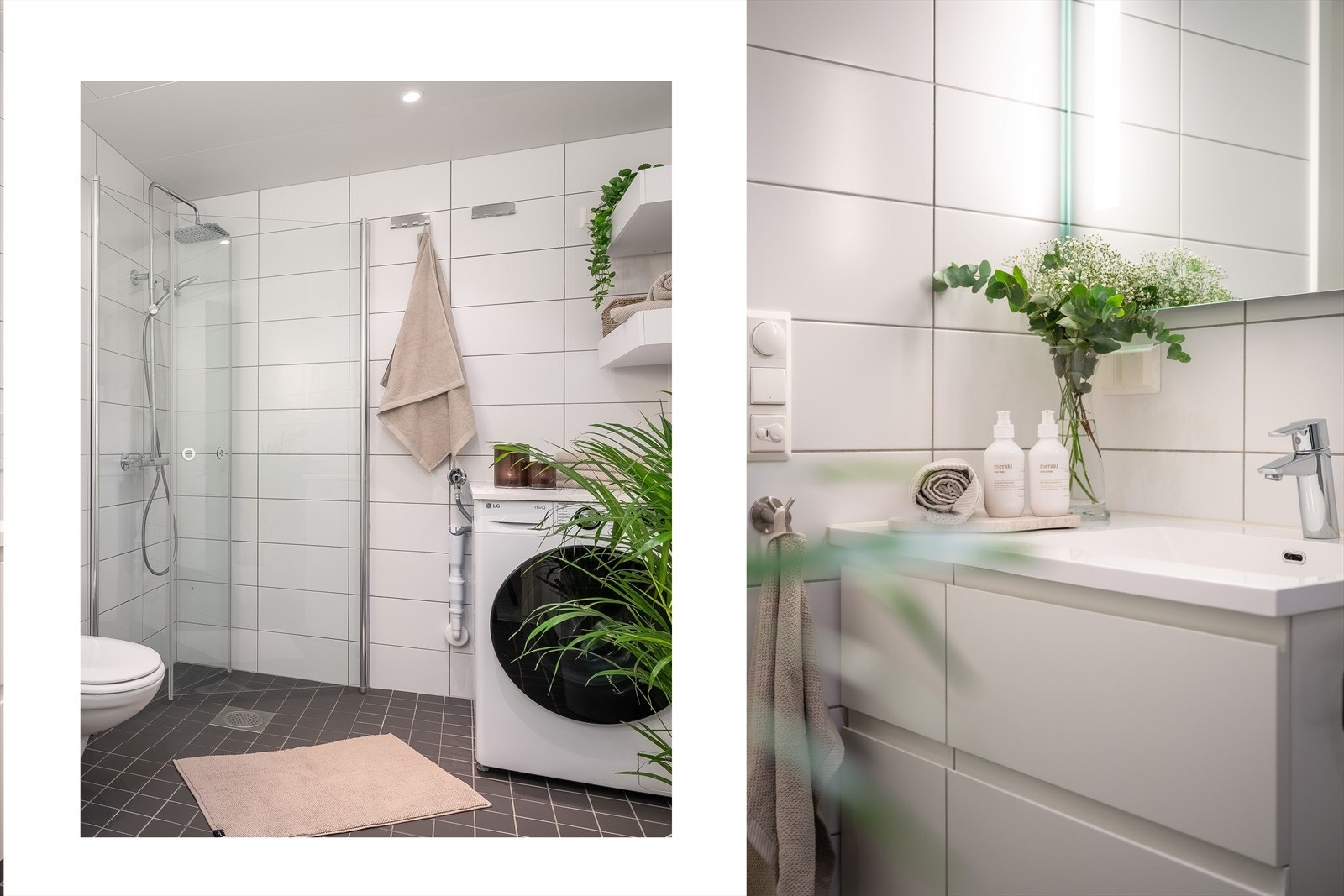 Dusjløsningen har regnfallsdusj og er med inn- og utadslående glassdører. Det er opplegg for vaskemaskin, og ventilasjonen ivaretas med balansert ventilasjon. Galleribilde