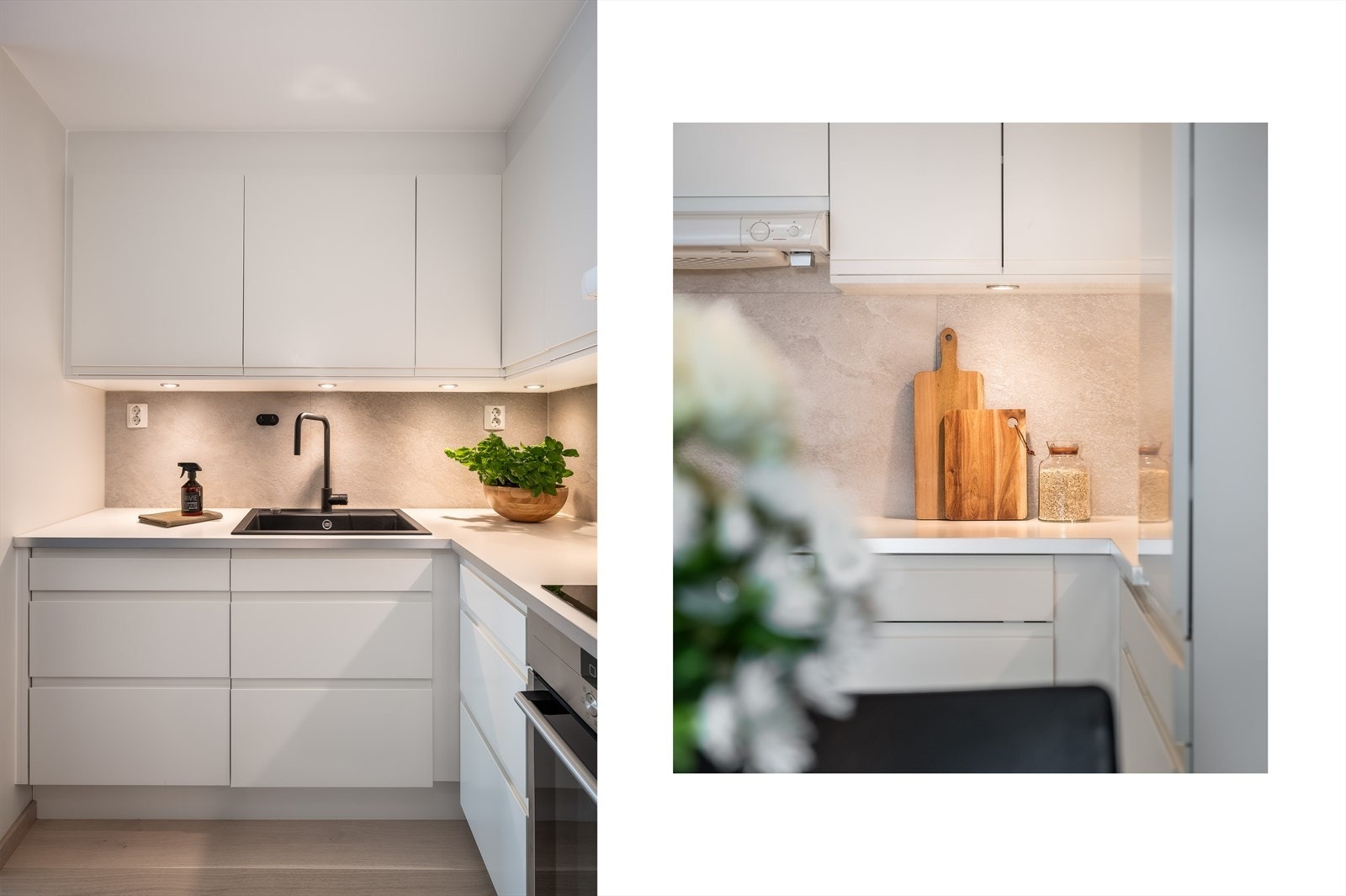 Kjøkkenet byr på en flokk av integrerte hvitevare, der av induksjonstopp, stekeovn, oppvaskmaskin og kjøle -/fryseskap. Galleribilde