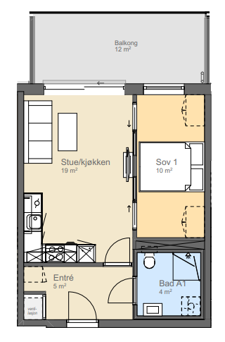 Plantegning, skyvedør nærmes badet er lukket igjen med spilevegg og gips. Galleribilde