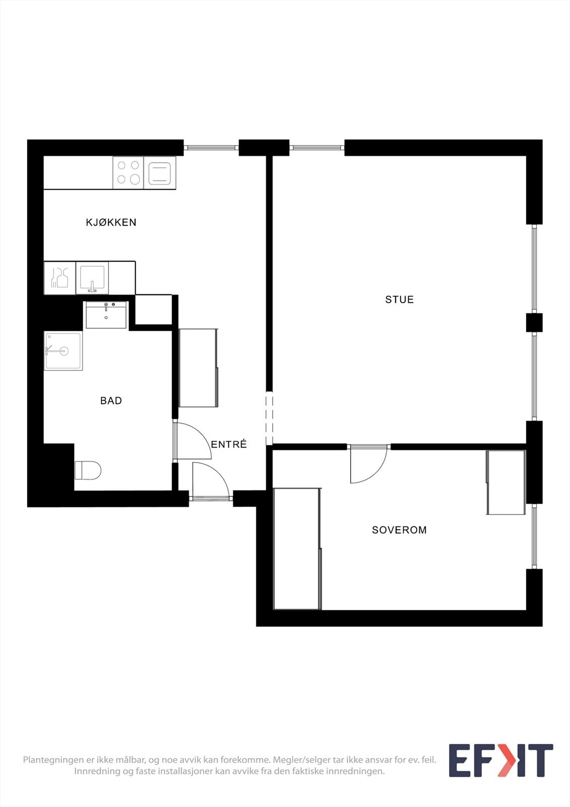 Plantegningen viser en smart og arealeffektiv planløsning på 56 m². Galleribilde