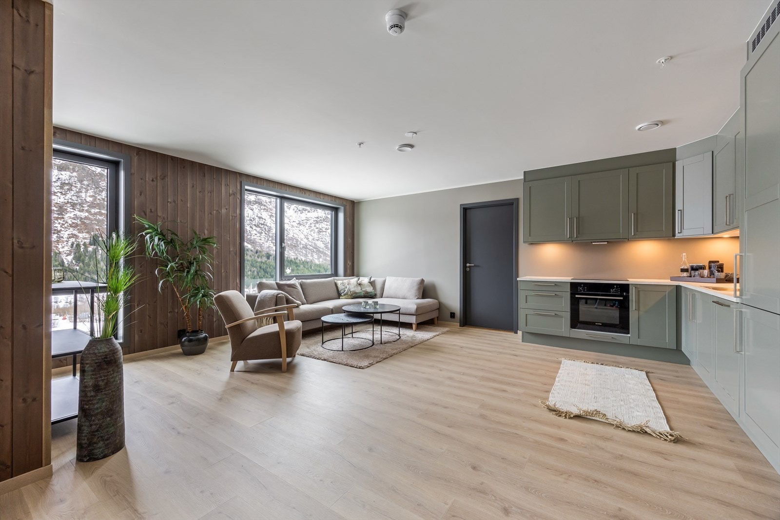 Åpen stue- og kjøkkenløsning med plass til spisebord og sofagruppe. Galleribilde