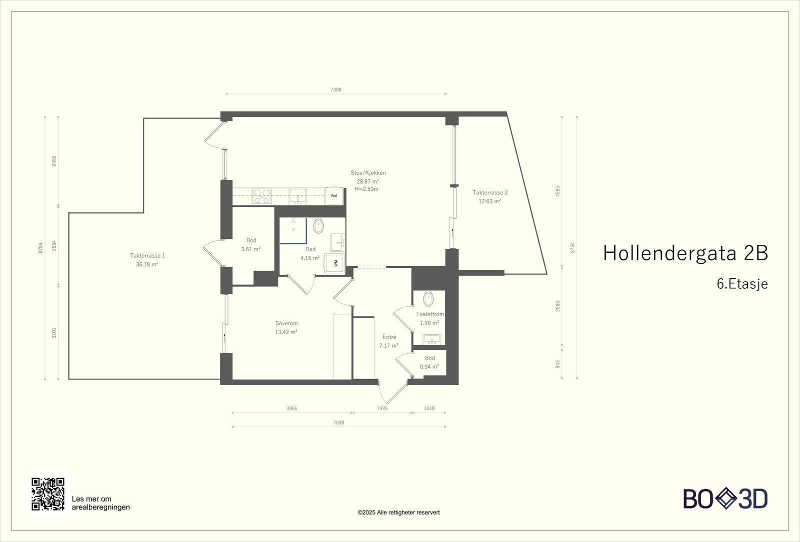 Leiligheten har entré, wc, stue, kjøkken og soverom med bad, samt tre boder - én inne, én på terrasse og én i kjeller. Galleribilde