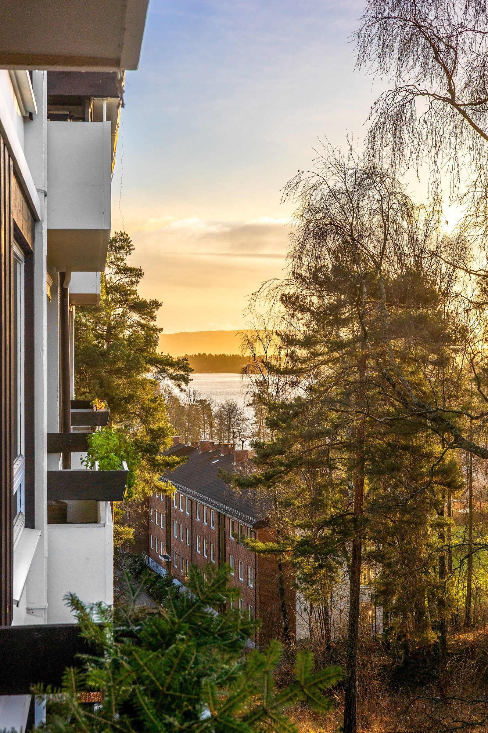 Fra den romslige balkongen på 6 kvm har du fritt og åpent utsyn til grønne omgivelser og fjorden. Galleribilde